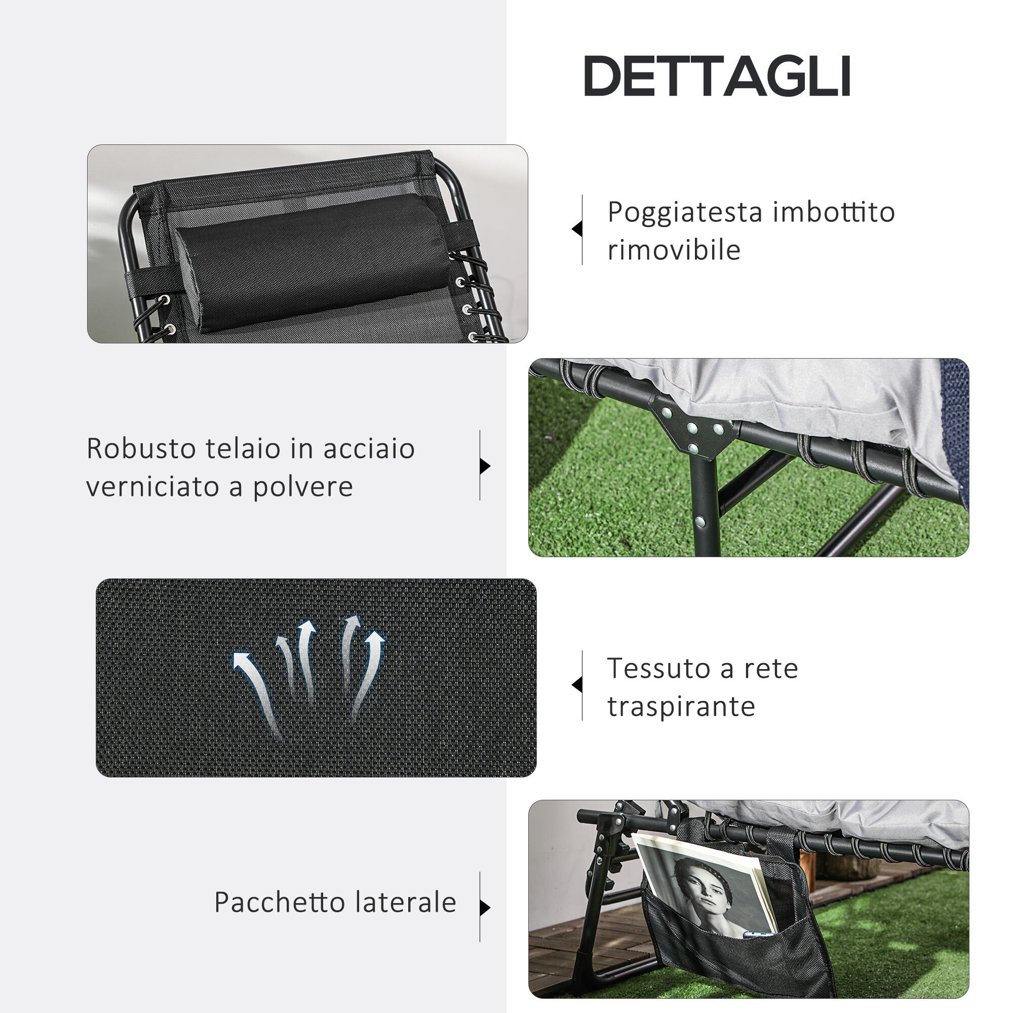Outsunny Lettino Prendisole Pieghevole con Cuscino, Poggiatesta e Tasca Grigio 6/7
