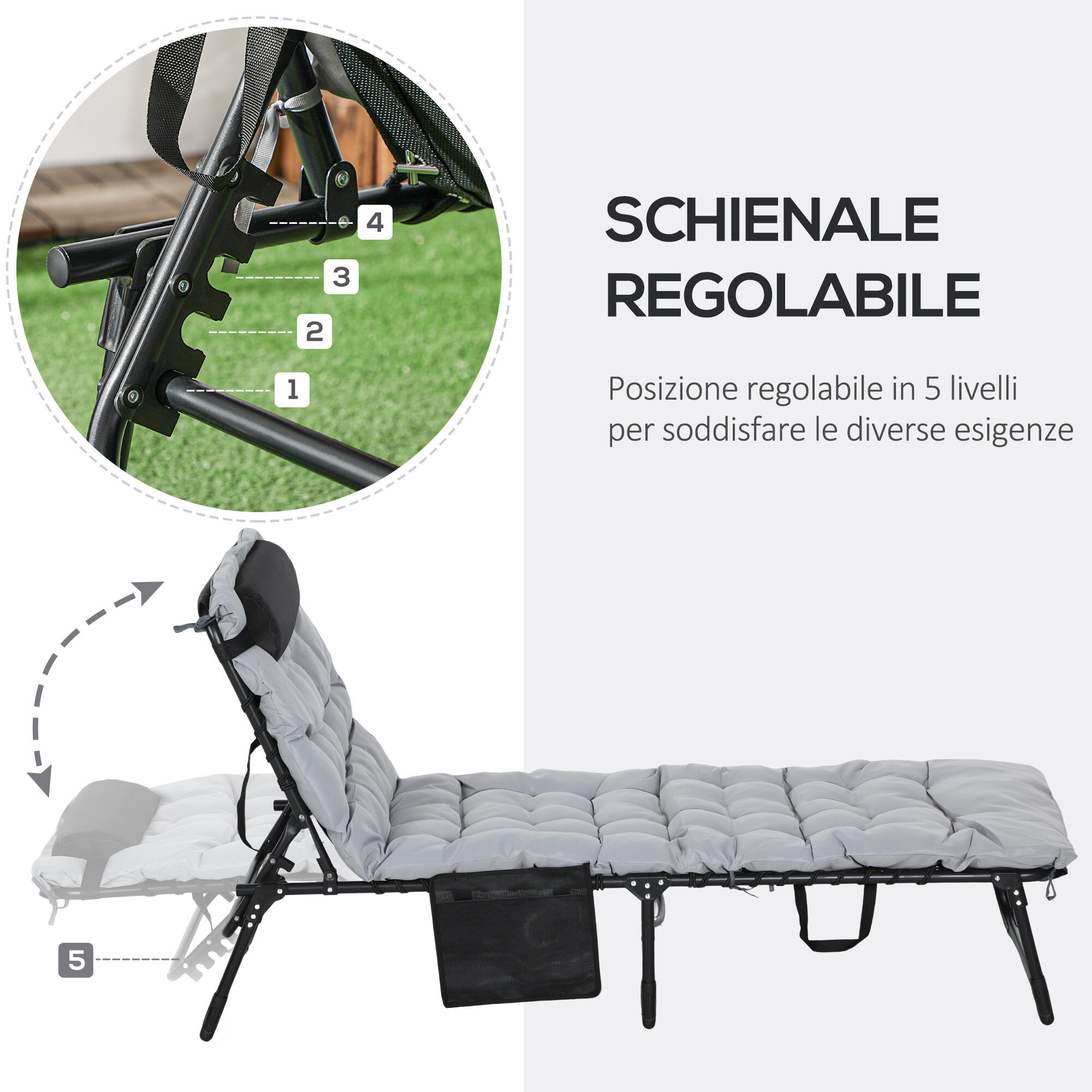 Outsunny Lettino Prendisole Pieghevole con Cuscino, Poggiatesta e Tasca Grigio 4/7