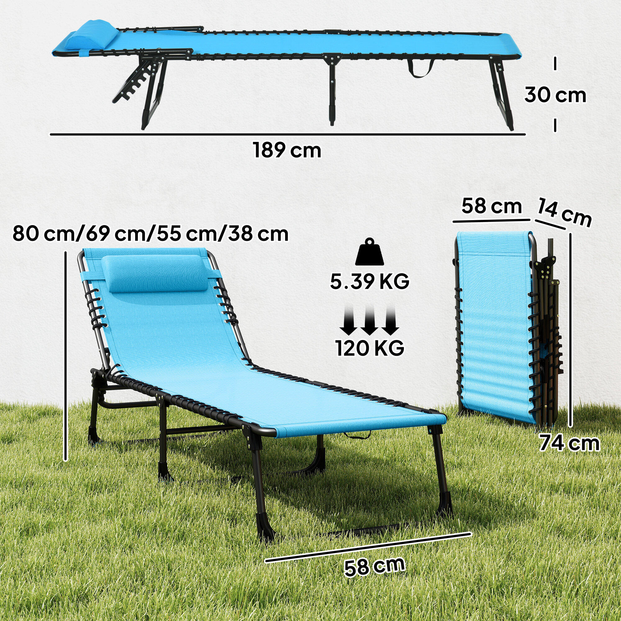 Outsunny Lettino Prendisole Portatile con Schienale Reclinabile a 4 Livelli Blu 3/8