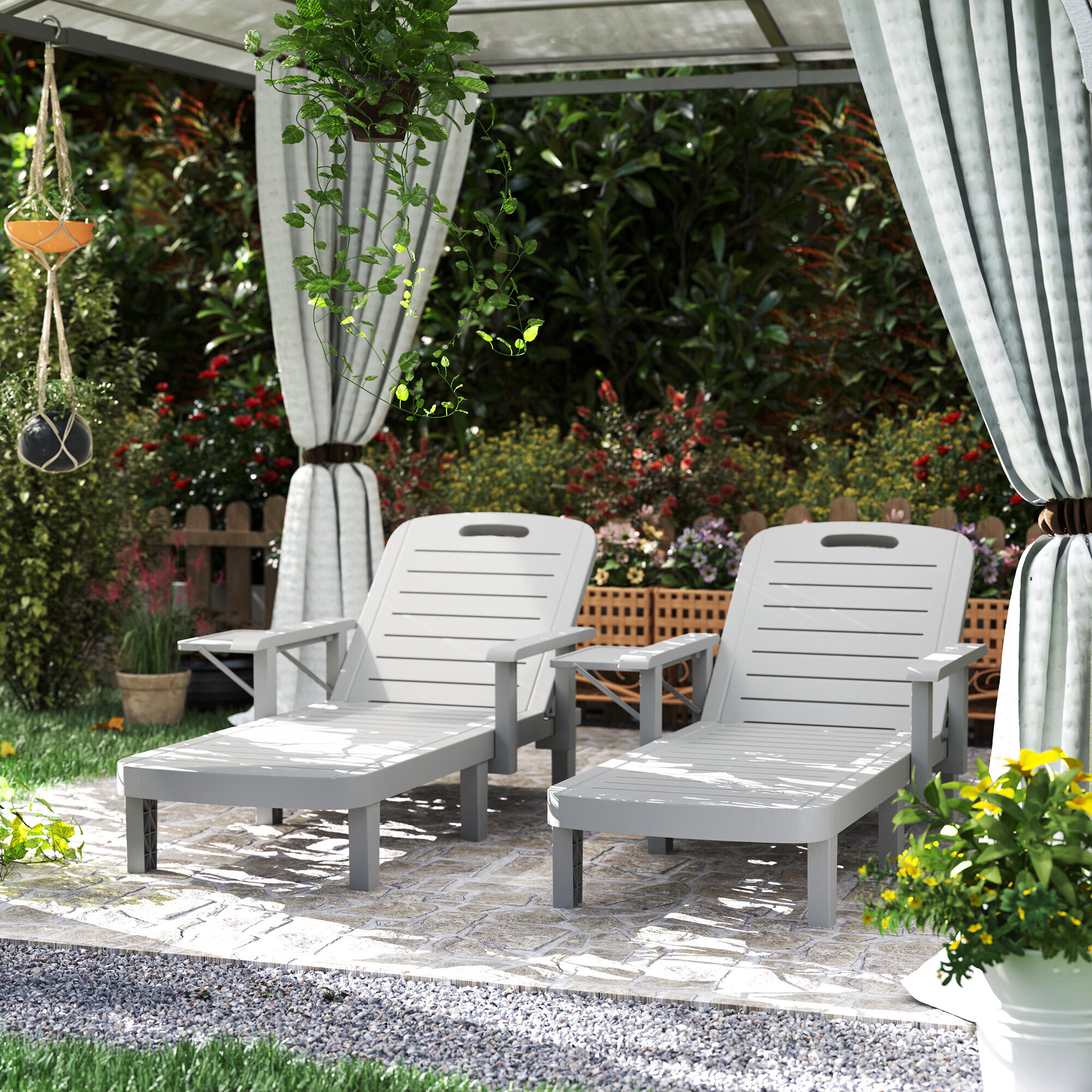 Outsunny Set 2 Sdraio da Esterno Regolabili con Tavolino e Braccioli Grigio 2/7