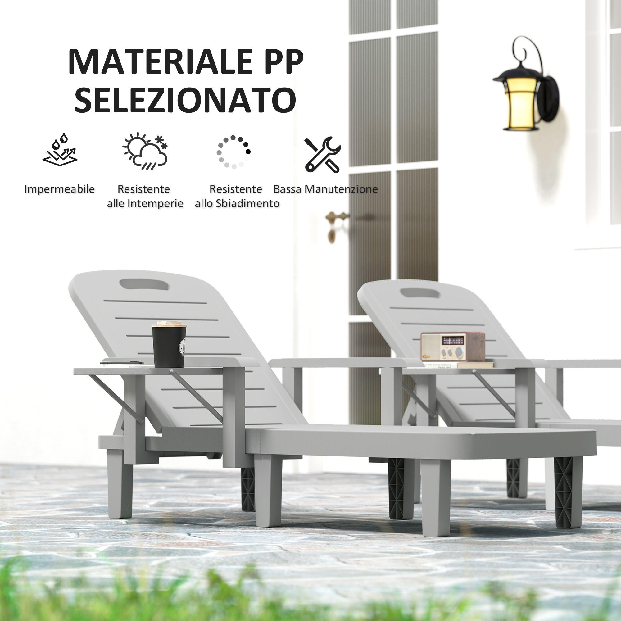 Outsunny Set 2 Sdraio da Esterno Regolabili con Tavolino e Braccioli Grigio 6/7