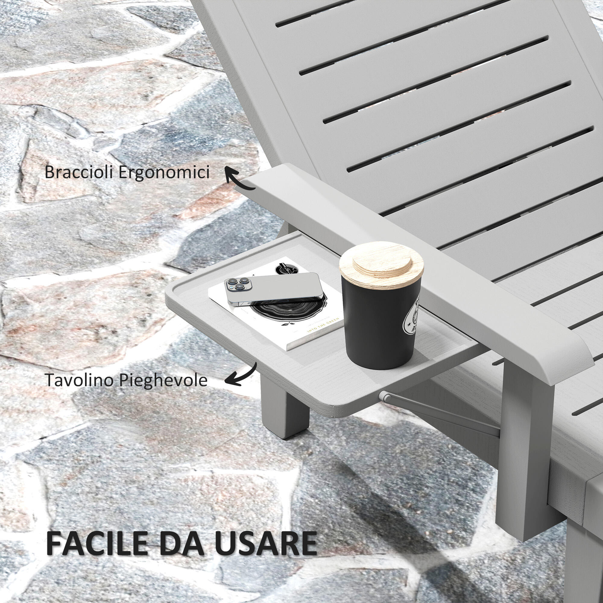 Outsunny Set 2 Sdraio da Esterno Regolabili con Tavolino e Braccioli Grigio 5/7