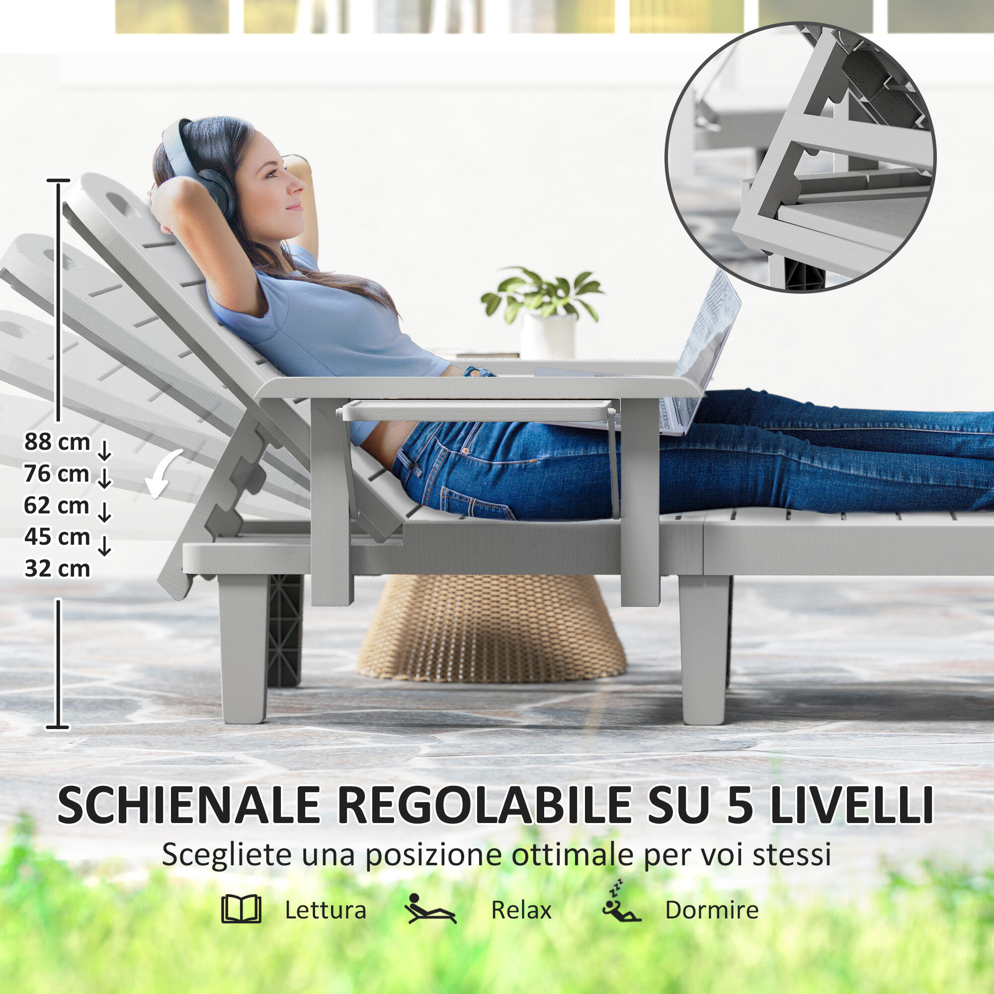 Outsunny Set 2 Sdraio da Esterno Regolabili con Tavolino e Braccioli Grigio 4/7