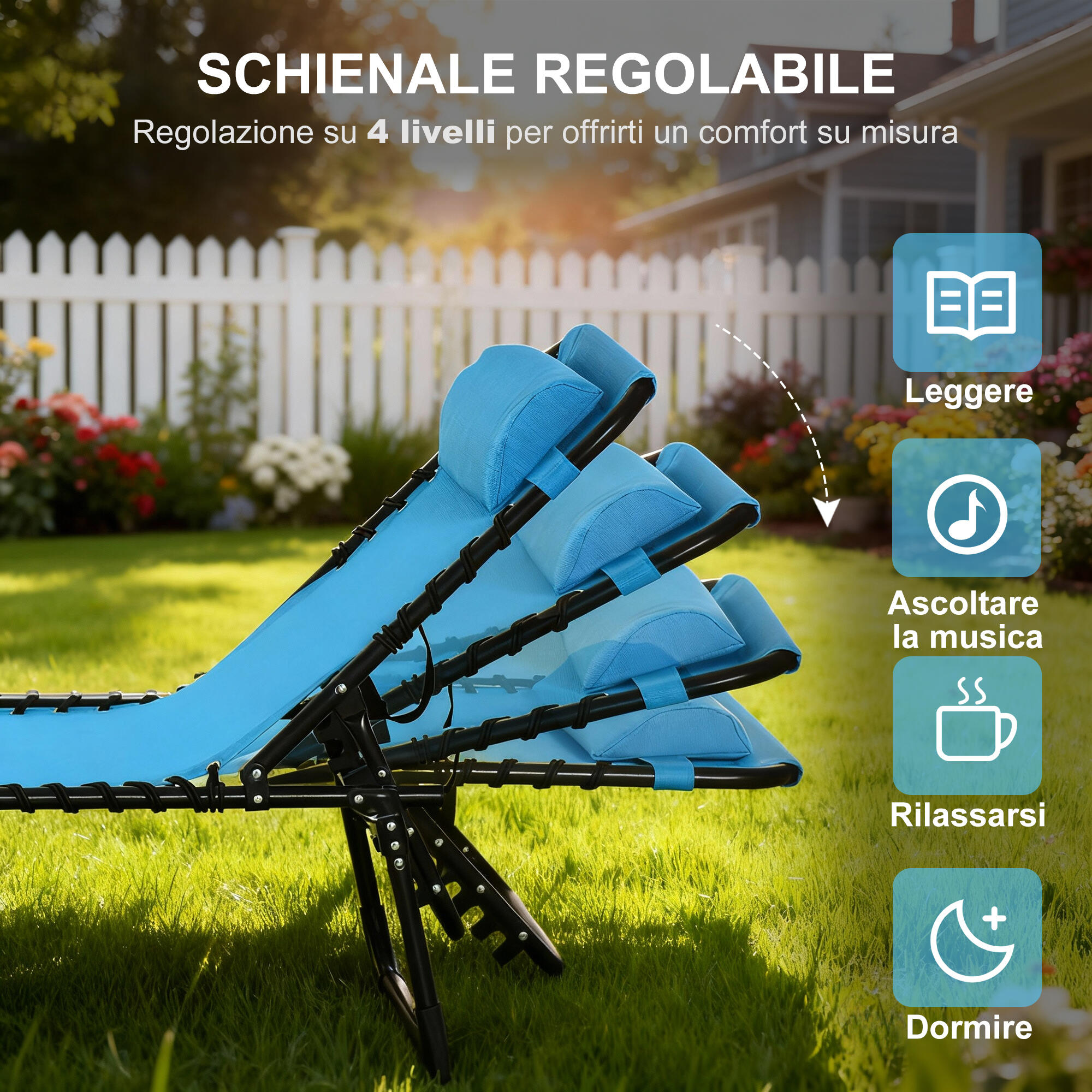 Outsunny Lettino Prendisole Portatile con Schienale Reclinabile a 4 Livelli Blu 4/8