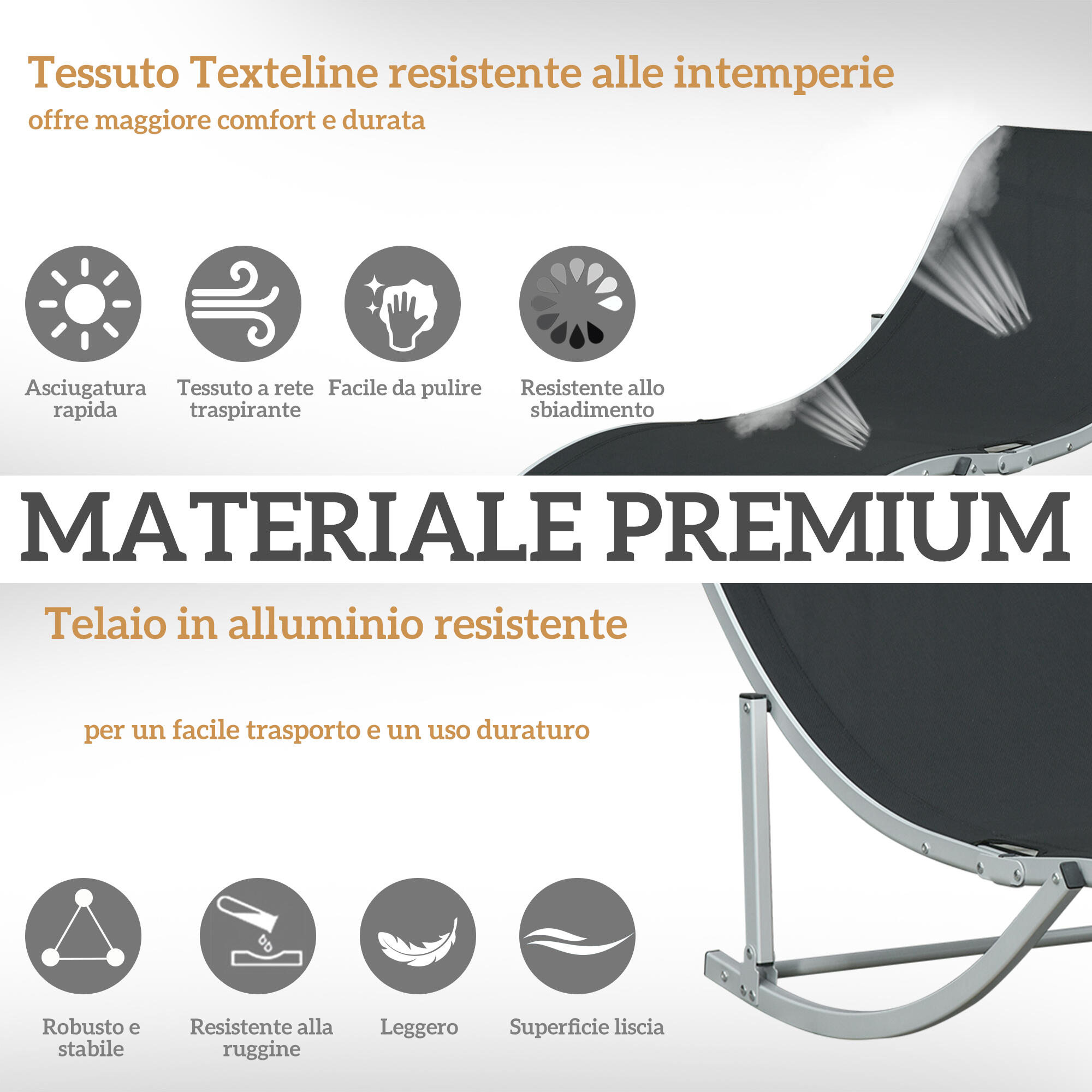 Outsunny Set 2 Sdraio da Esterno Pieghevoli in Alluminio e Texteline Nero 6/7