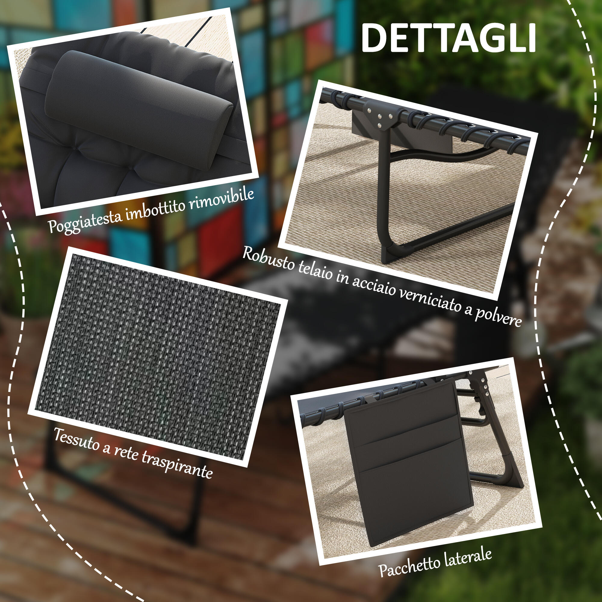 Outsunny Lettino Prendisole Pieghevole con Cuscino, Poggiatesta e Tasca Nero 6/7