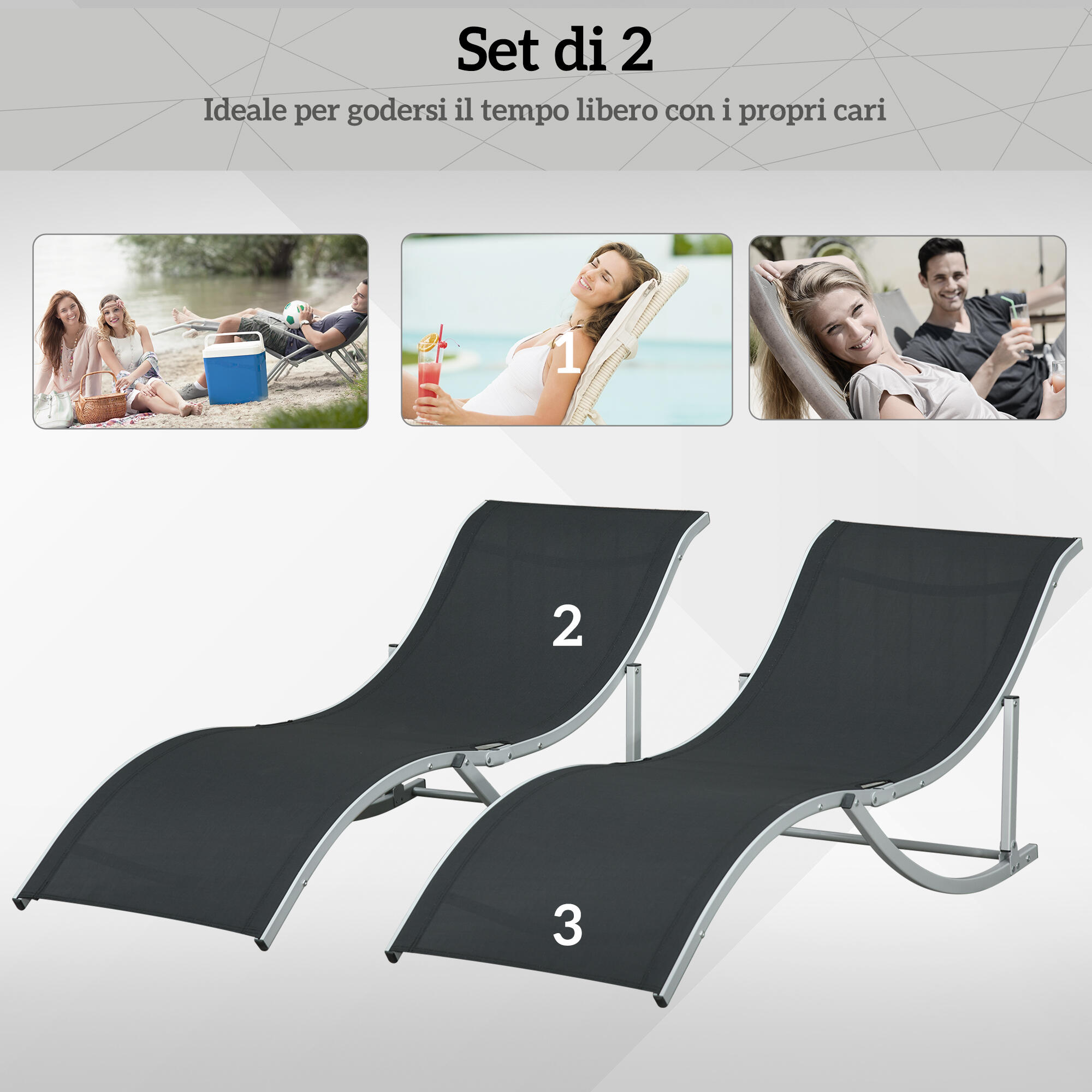 Outsunny Set 2 Sdraio da Esterno Pieghevoli in Alluminio e Texteline Nero 7/7