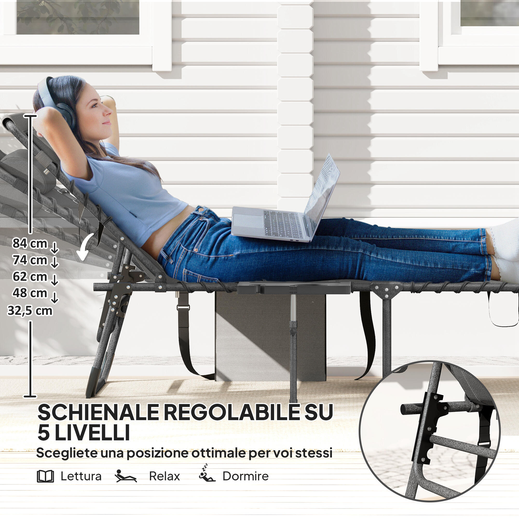 Outsunny Sdraio da Esterno Pieghevole e Reclinabile a 5 Livelli Grigio 4/7