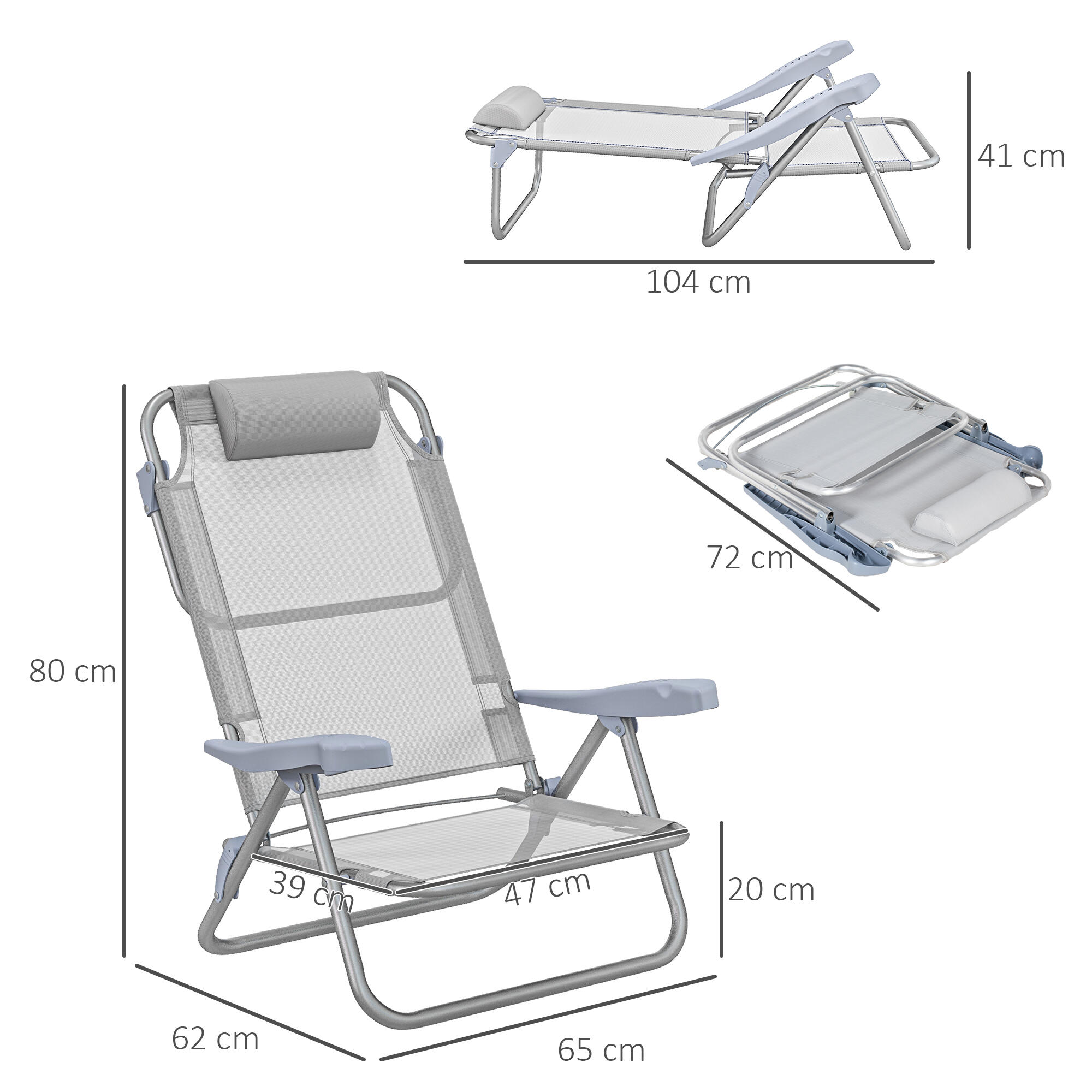 Outsunny Set 2 Sedie da Pesca Pieghevoli e Reclinabili su 6 Livelli Grigio 3/7