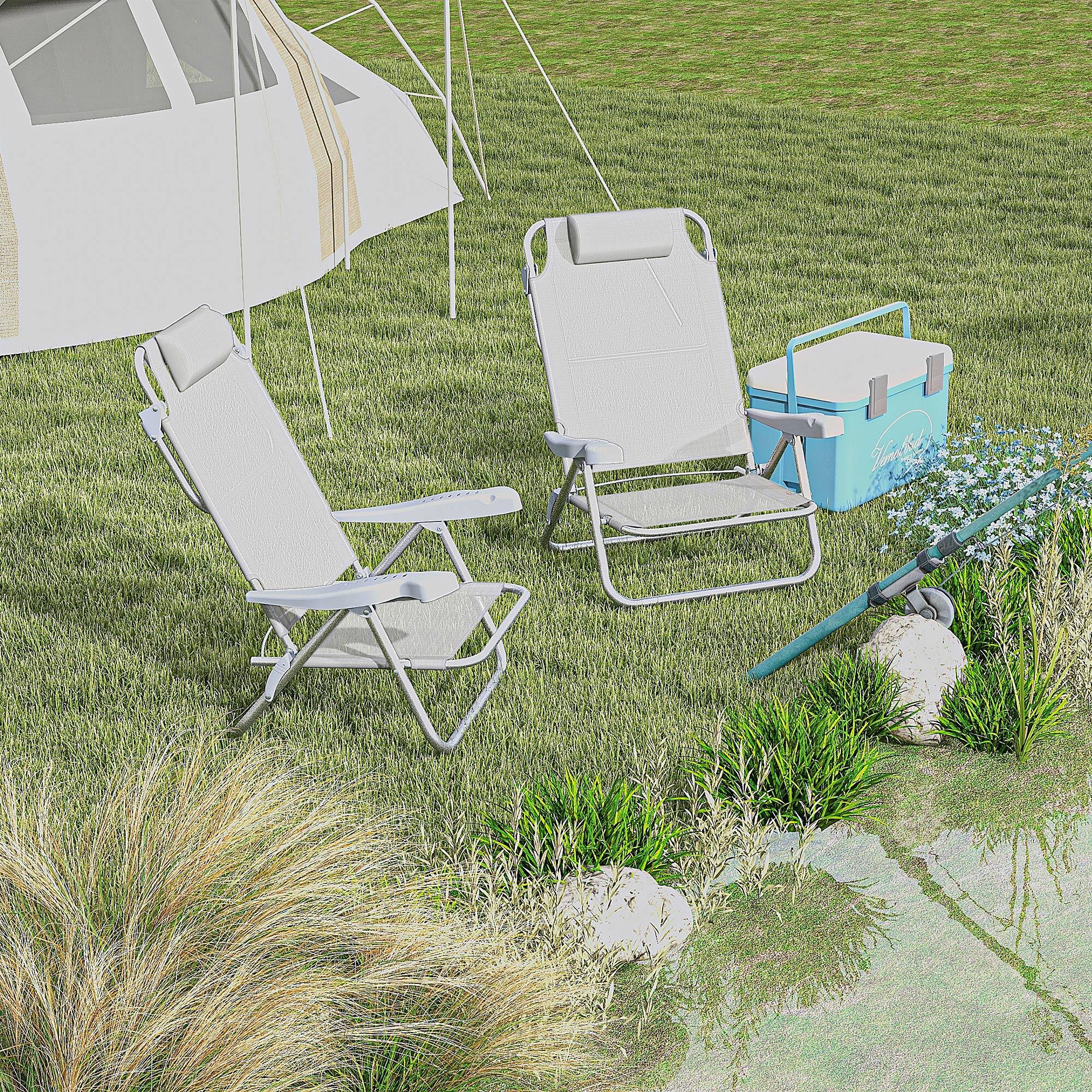 Outsunny Set 2 Sedie da Pesca Pieghevoli e Reclinabili su 6 Livelli Grigio 2/7