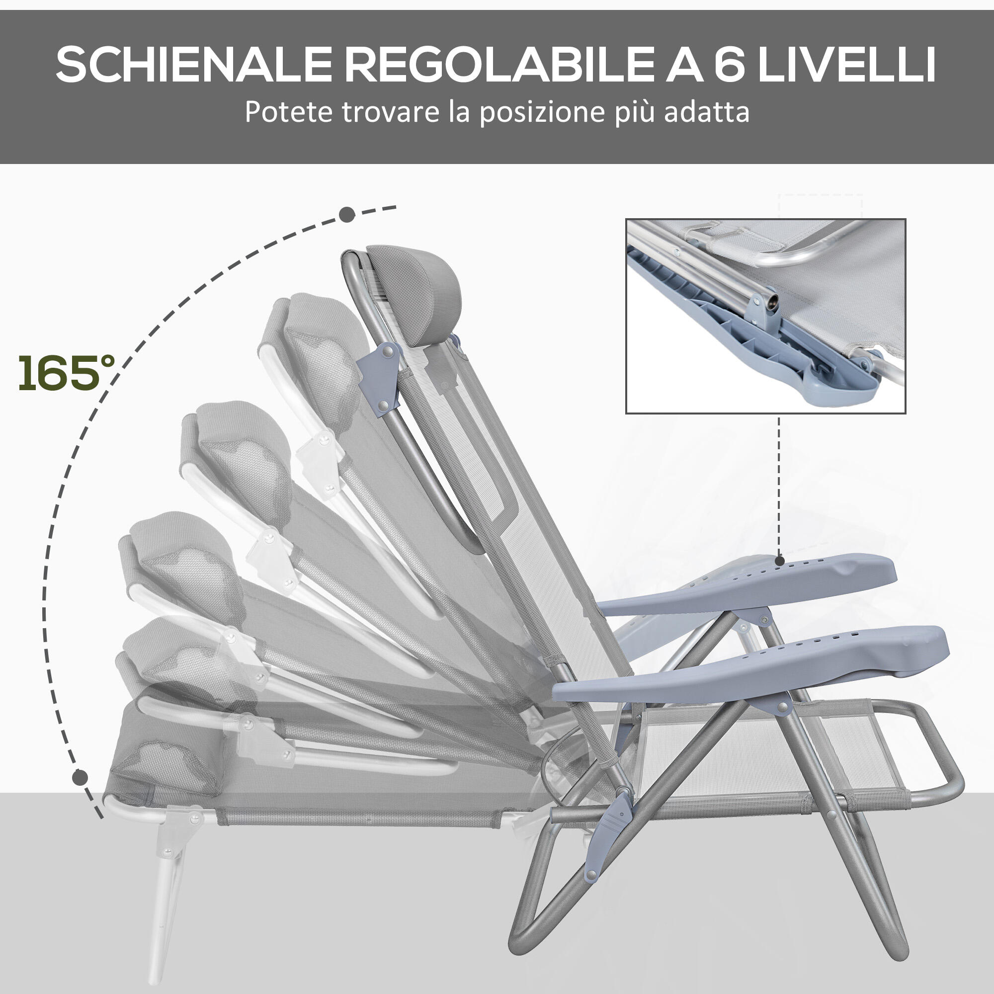 Outsunny Set 2 Sedie da Pesca Pieghevoli e Reclinabili su 6 Livelli Grigio 5/7