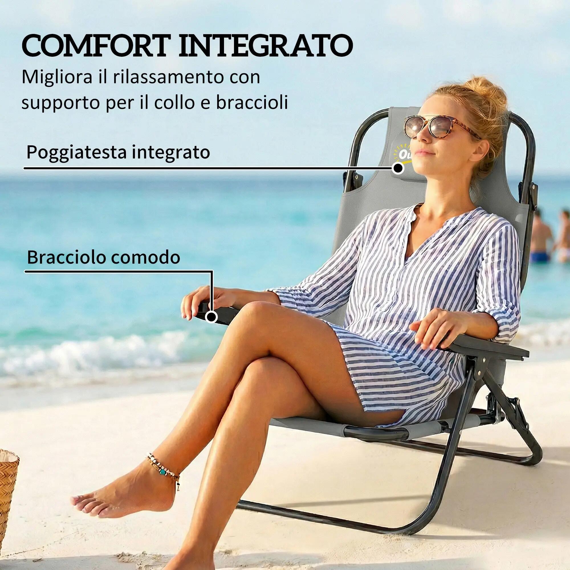Outsunny Set 2 Sedie da Campeggio Pieghevoli Regolabili, Grigio Chiaro 6/7
