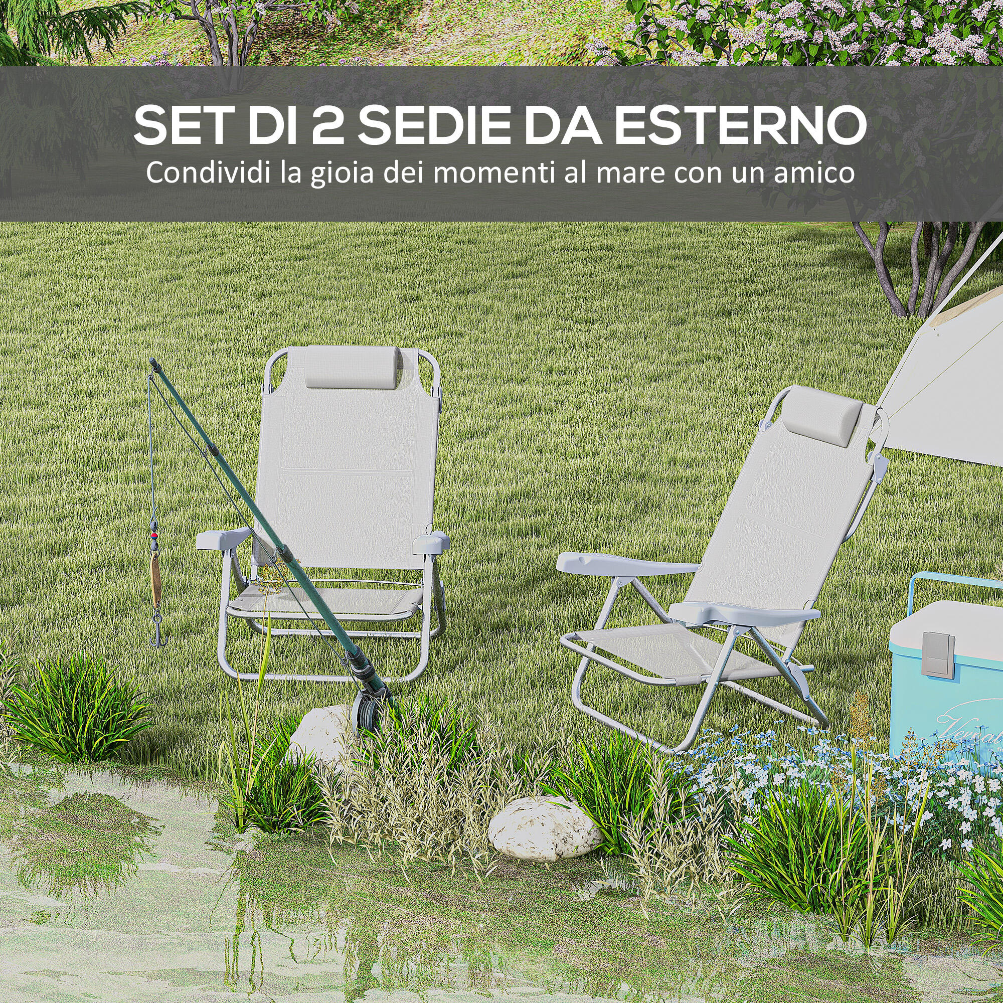 Outsunny Set 2 Sedie da Pesca Pieghevoli e Reclinabili su 6 Livelli Grigio 4/7
