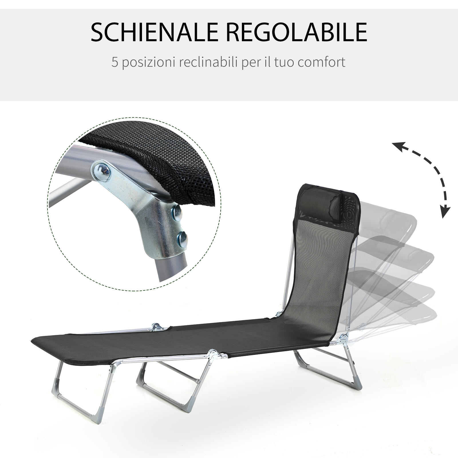 Outsunny Sdraio da Esterno Pieghevole con Schienale Reclinabile e Cuscino Nero 4/7