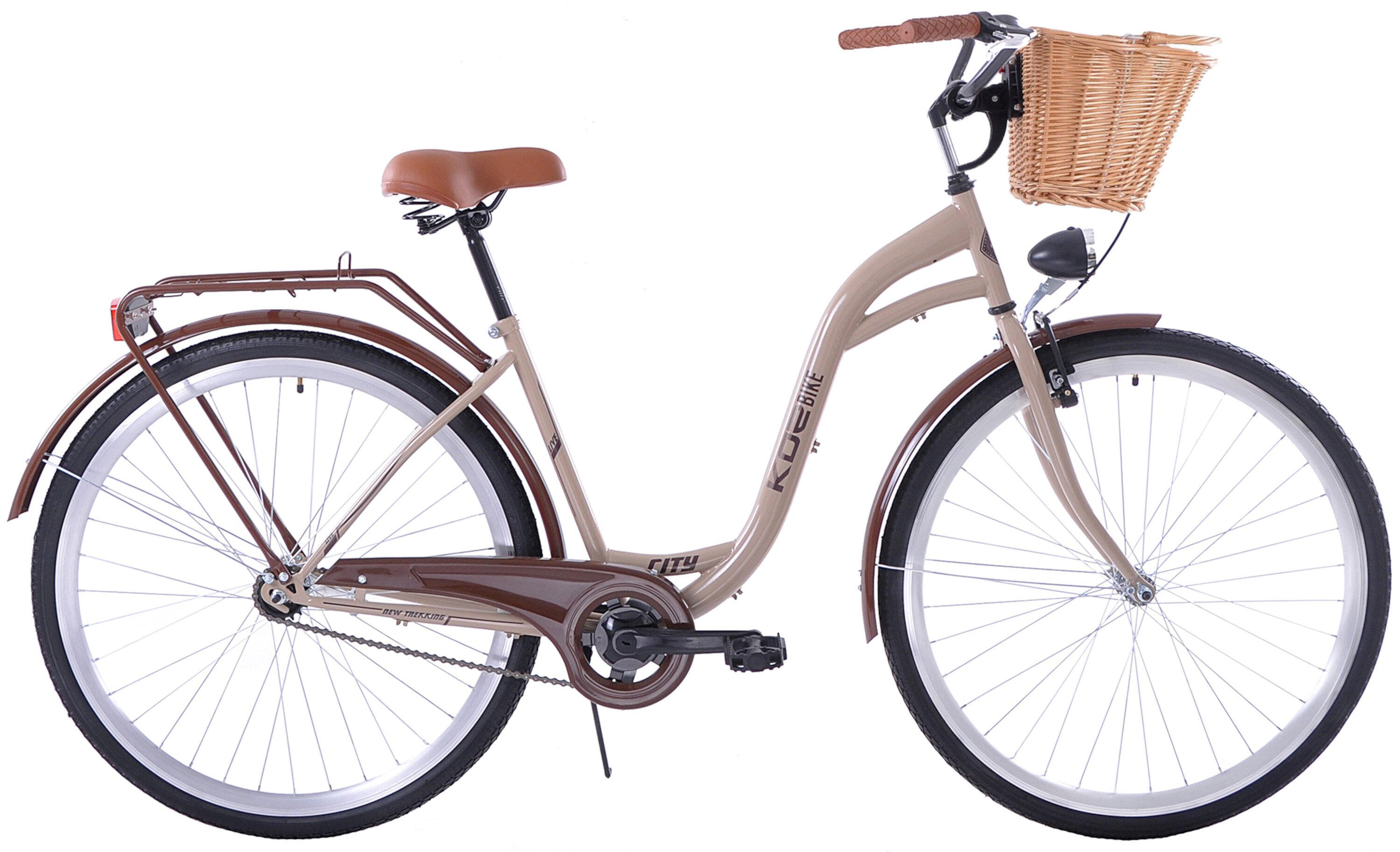 Rower miejski damski 28 KOZBIKE V-Brake beżowo brązowy kosz i akcesoria
