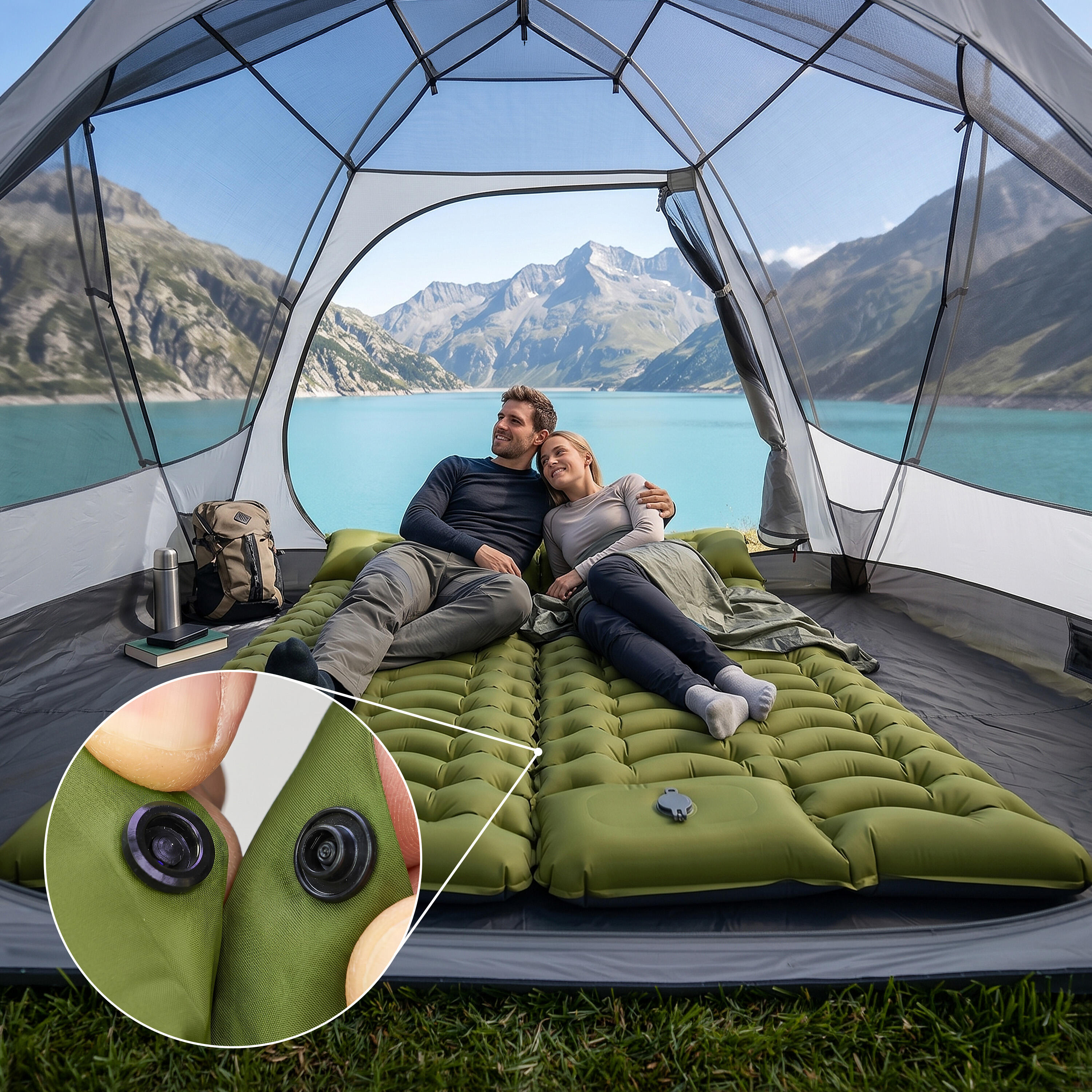 Matelas gonflable avec pompe à pied intégrée et système d'assemblage pour 6/7