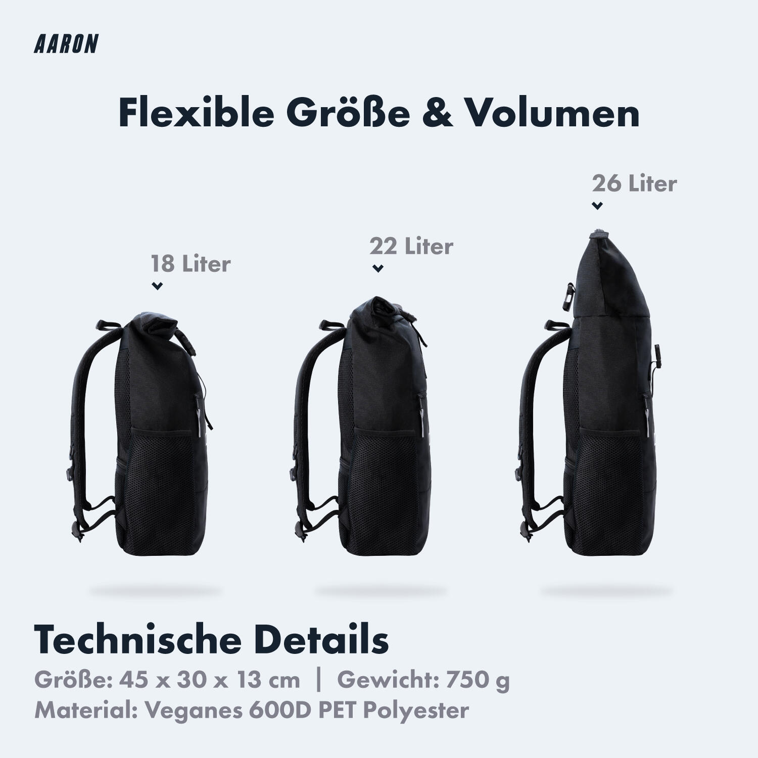 Commuter Rolltop Rucksack 18–26 L, recyceltes 600D Polyester, schwarz 3/7