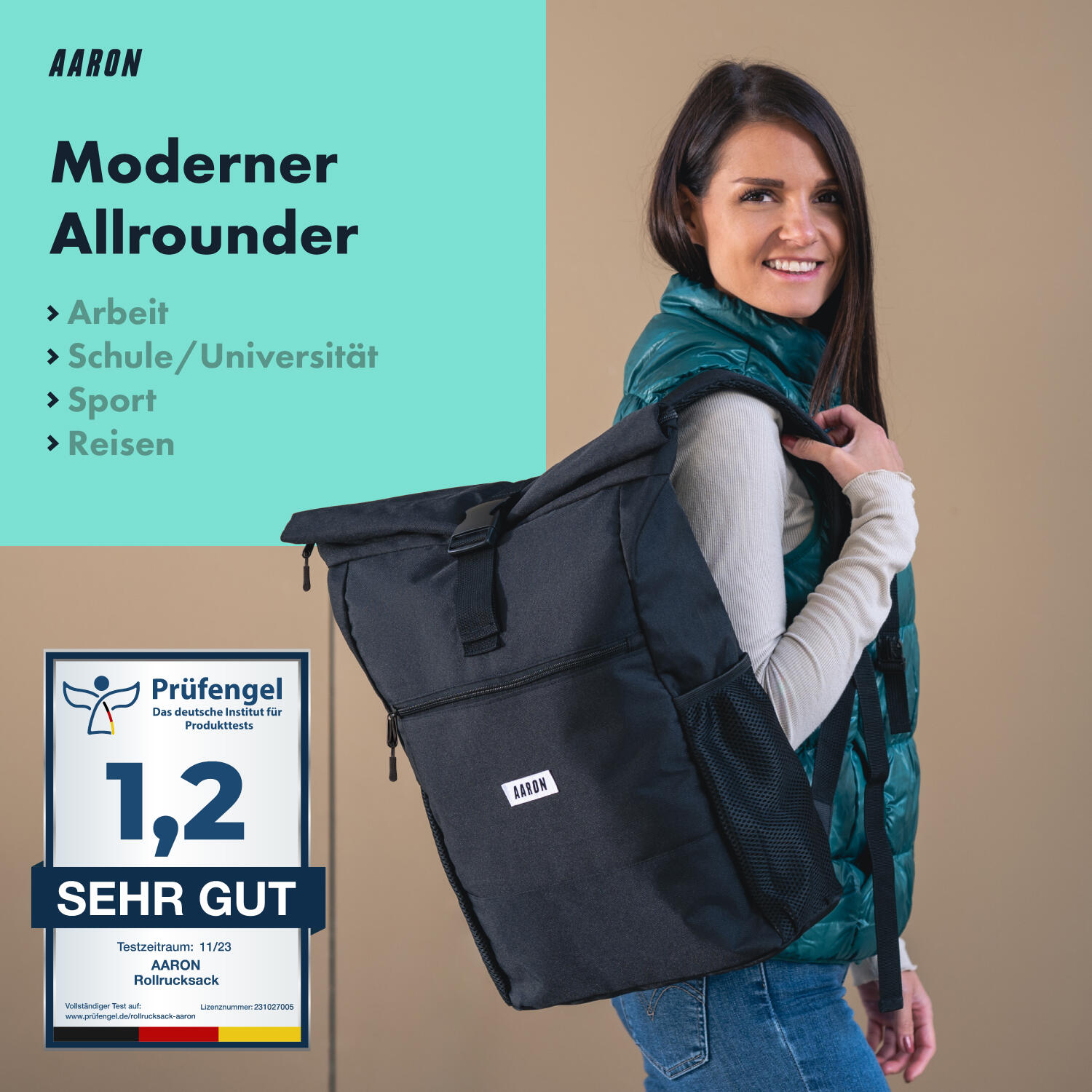Commuter 2.0 Rolltop Rucksack 18–26 L, recyceltes 900D Polyester, schwarz 2/7