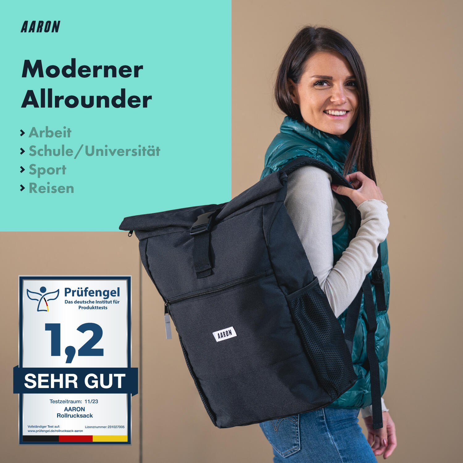 Commuter Rolltop Rucksack 18–26 L, recyceltes 600D Polyester, schwarz 2/7