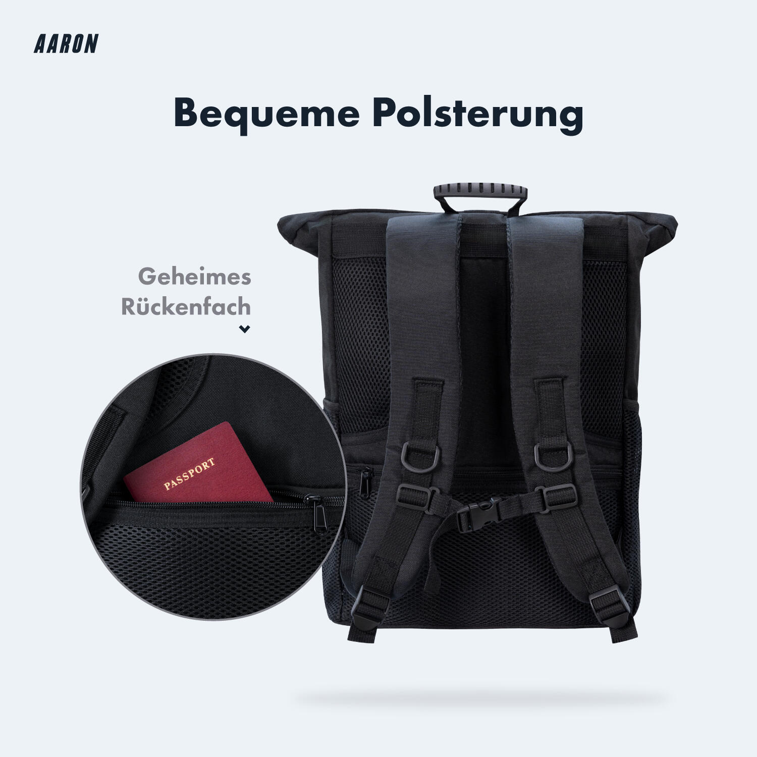 Commuter Rolltop Rucksack 18–26 L, recyceltes 600D Polyester, schwarz 6/7