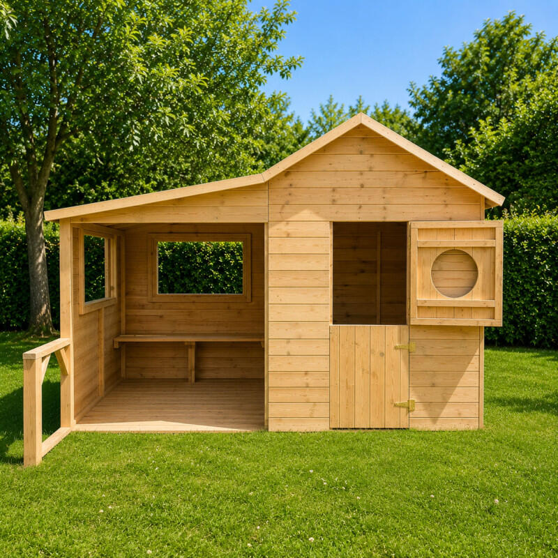 Cabane en bois traité avec préau et banc HACIENDA 2/5