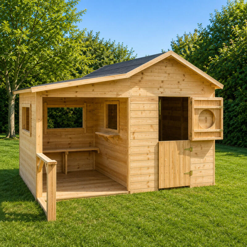 Cabane en bois traité avec préau et banc HACIENDA 4/5