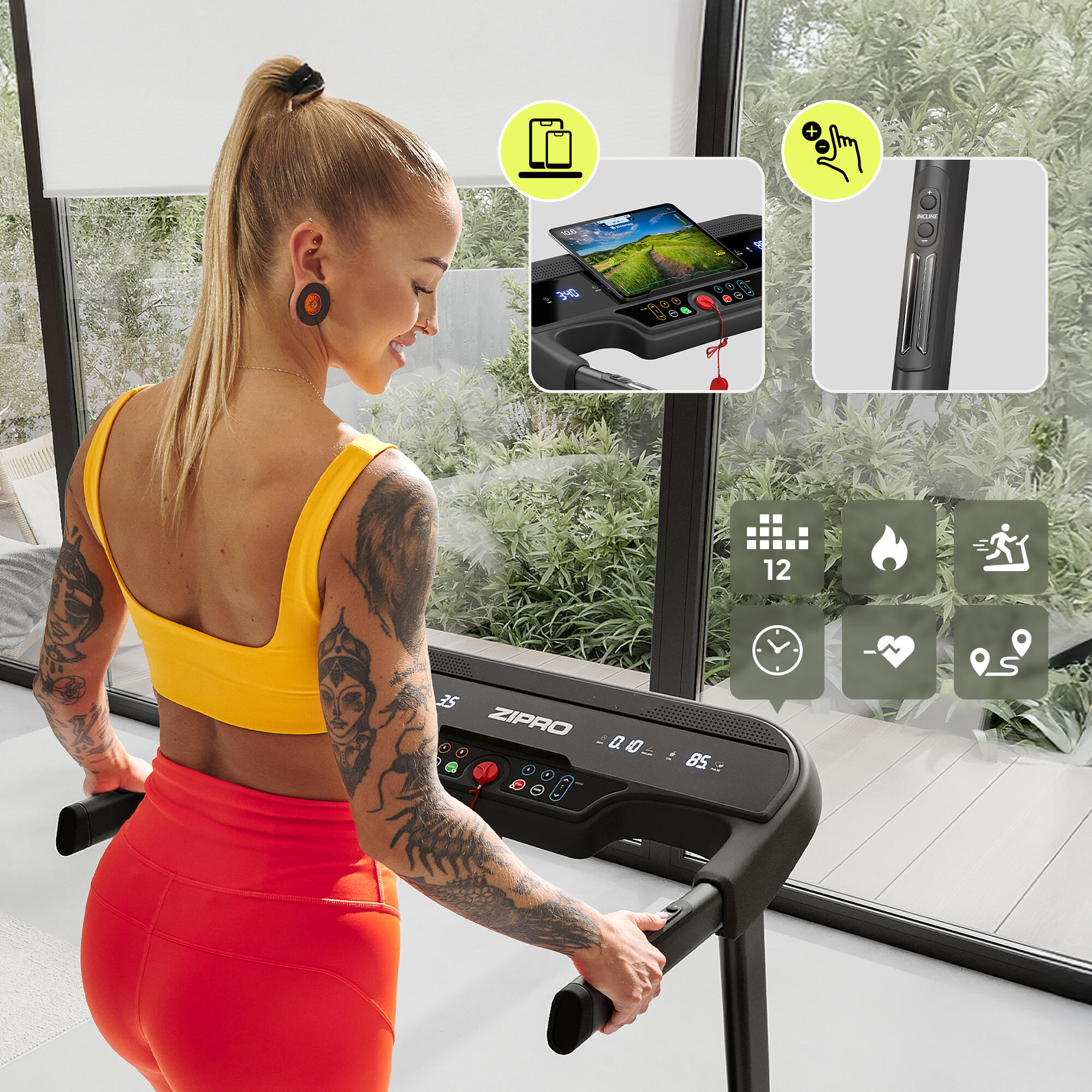 Tapis de course pliant Zipro Pulse 120×42 cm 12 km/h, 15 positions d'inclinaison 2/8