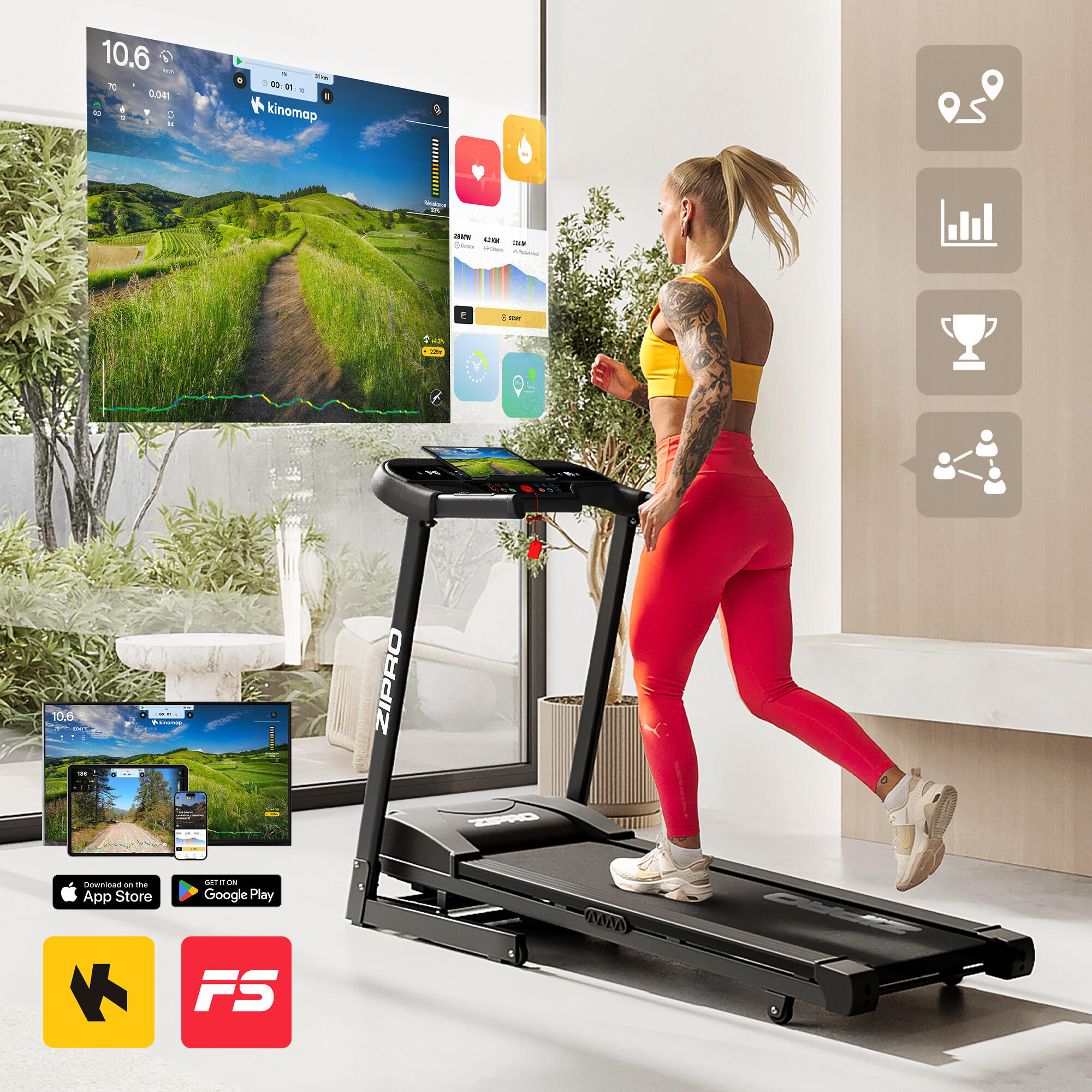 Tapis de course pliant Zipro Pulse 120×42 cm 12 km/h, 15 positions d'inclinaison 4/8
