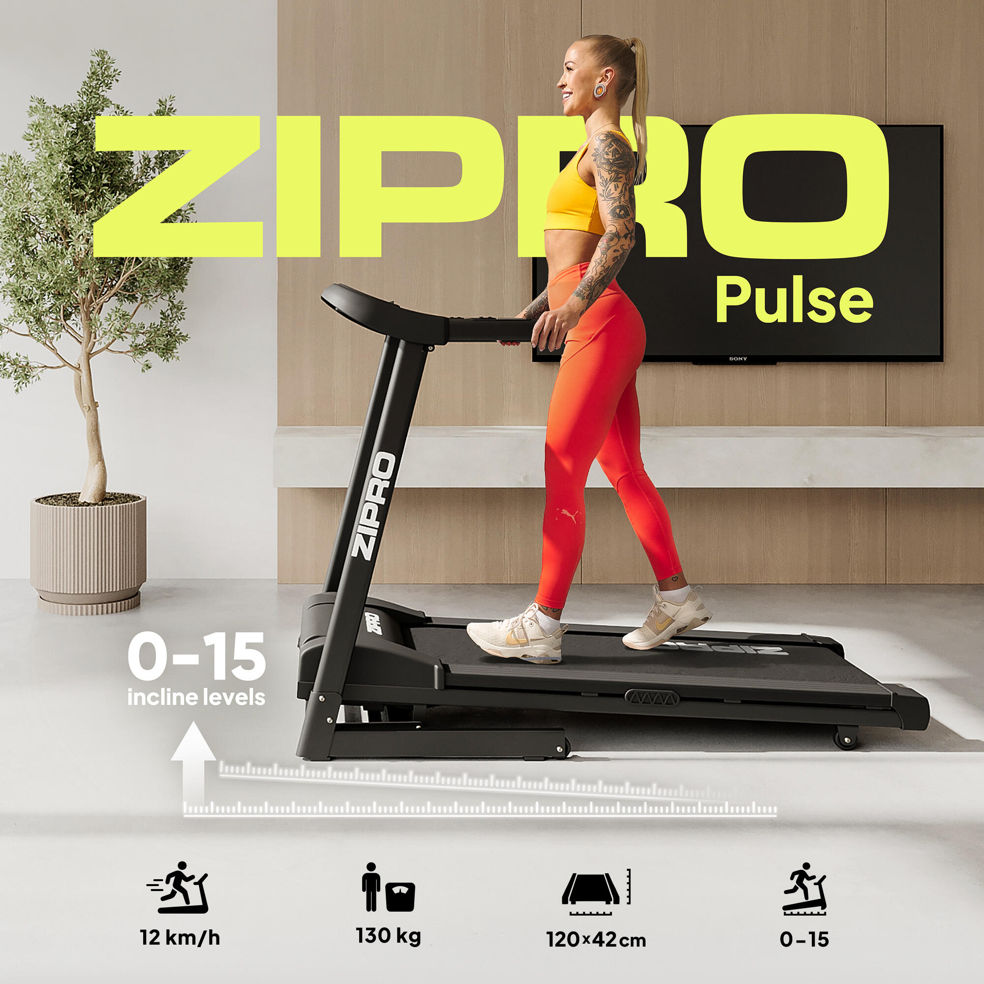 Tapis de course pliant Zipro Pulse 120×42 cm 12 km/h, 15 positions d'inclinaison 3/8