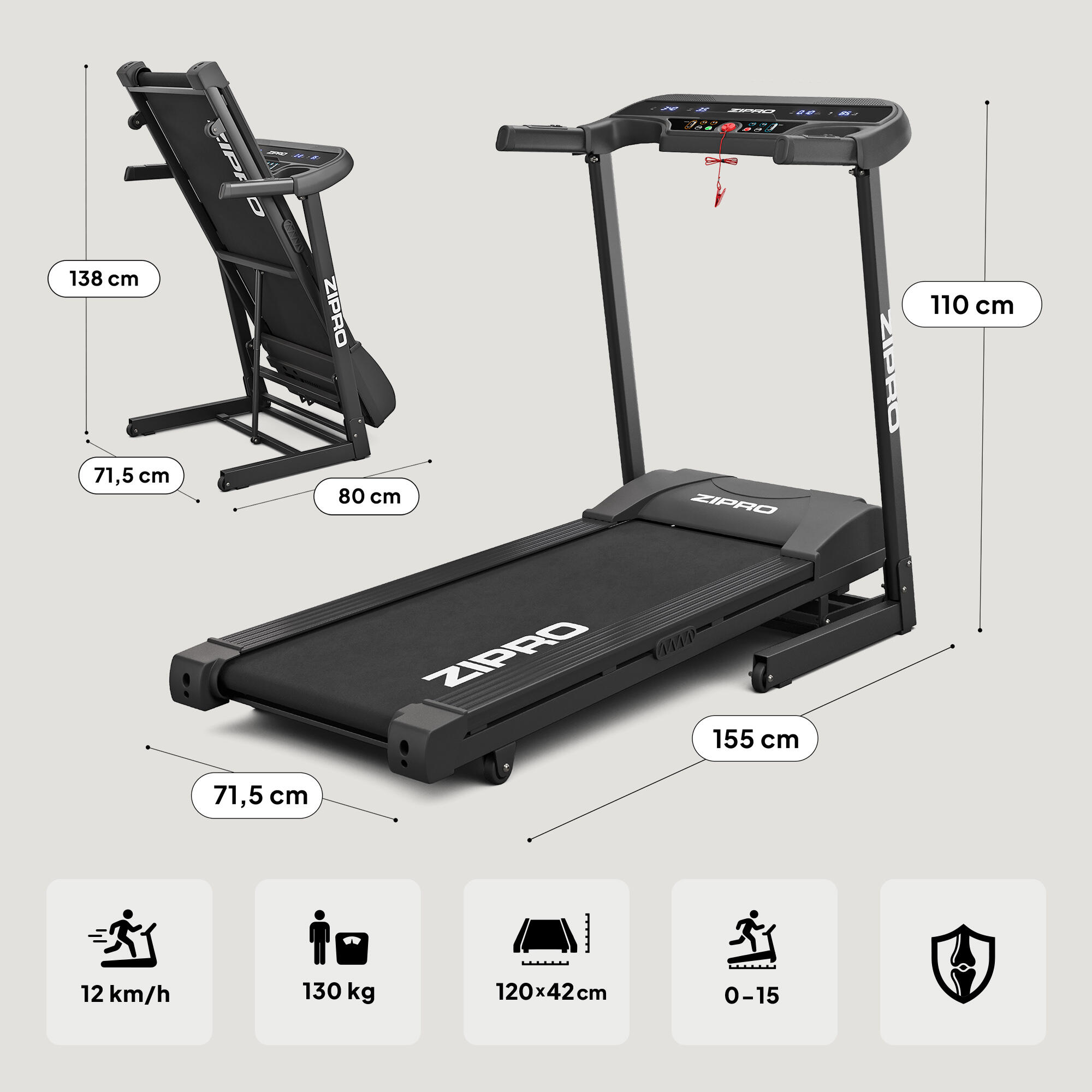 Tapis de course pliant Zipro Pulse 120×42 cm 12 km/h, 15 positions d'inclinaison 7/8