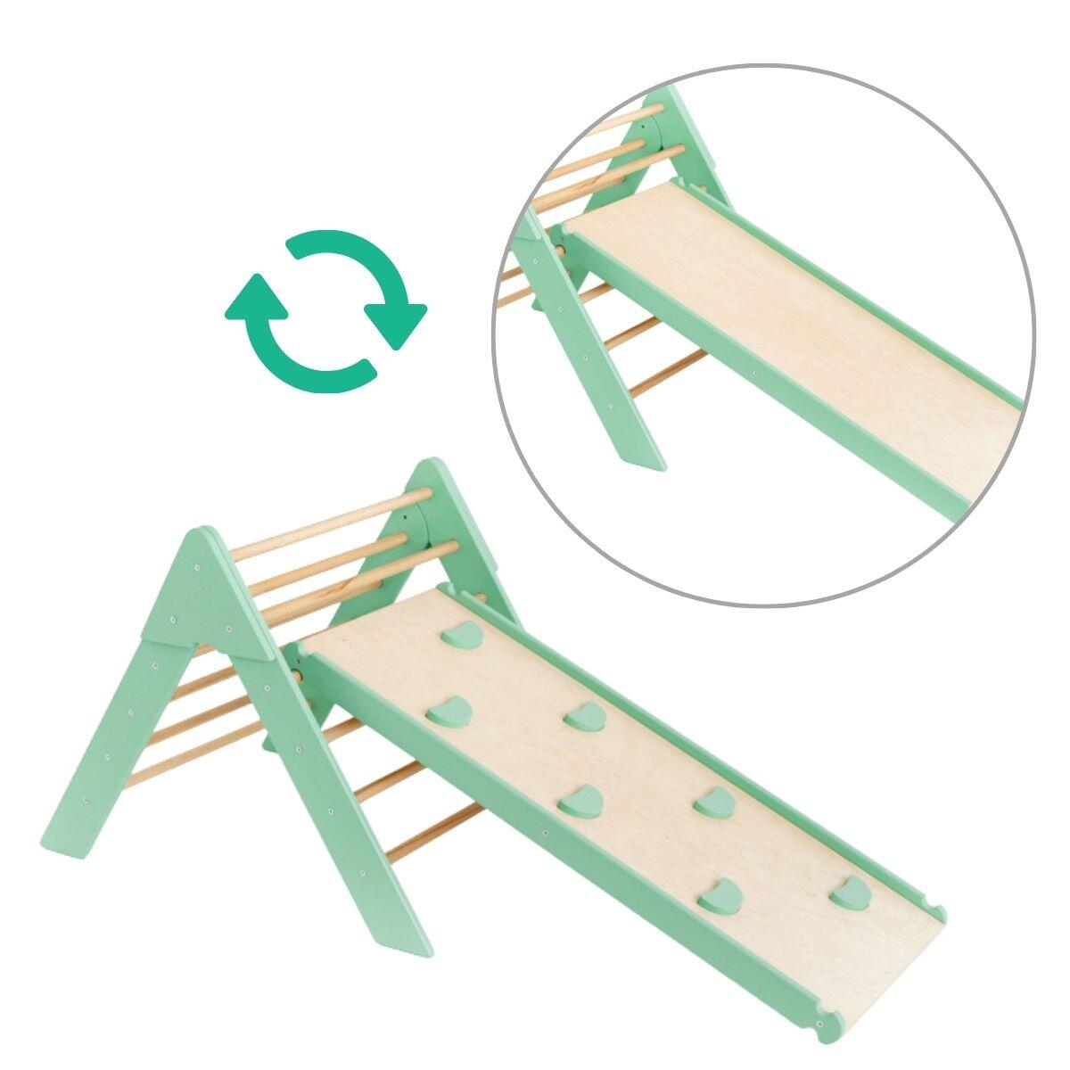 Houten indoor klimrek met klimdriehoek en dubbelzijdige glijbaan voor kinderen 3/7