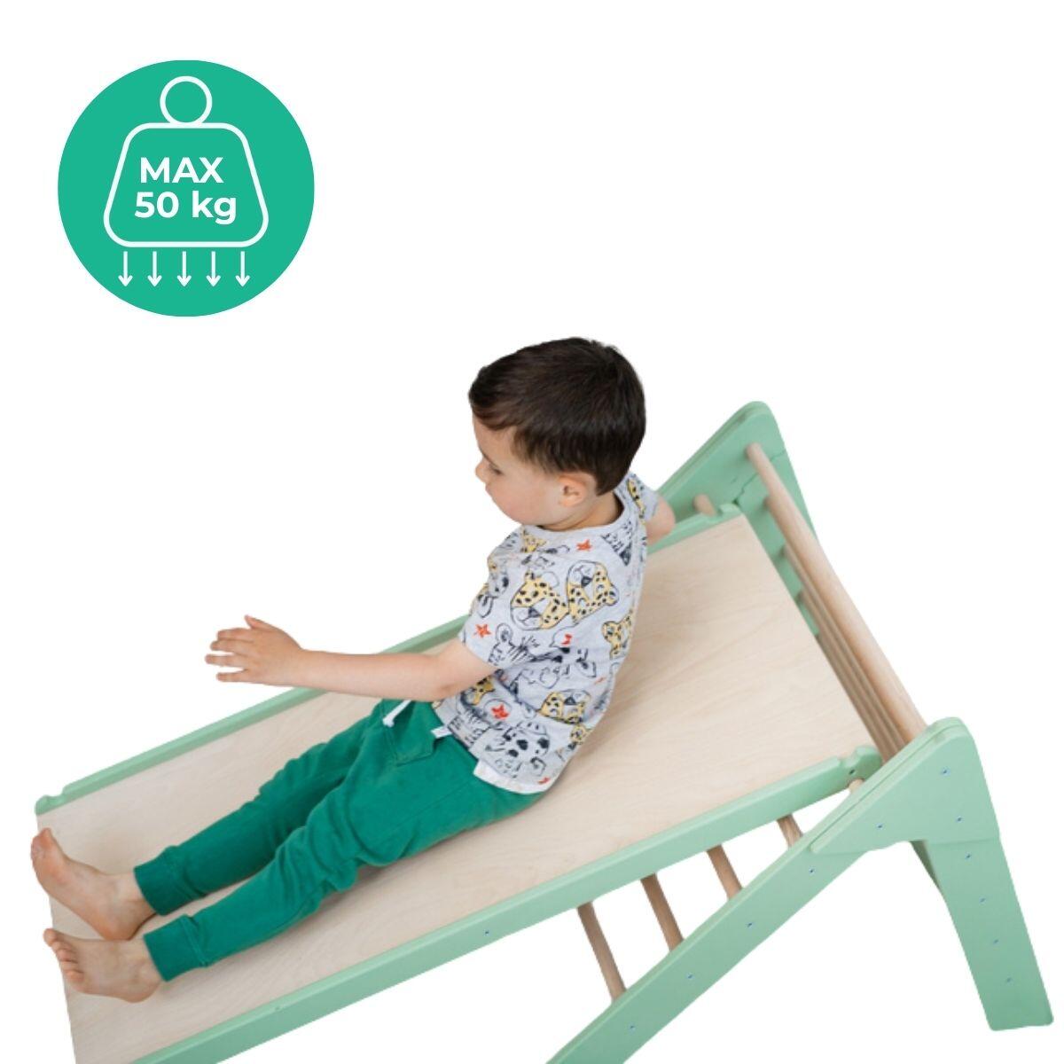 Houten indoor klimrek met klimdriehoek en dubbelzijdige glijbaan voor kinderen 7/7