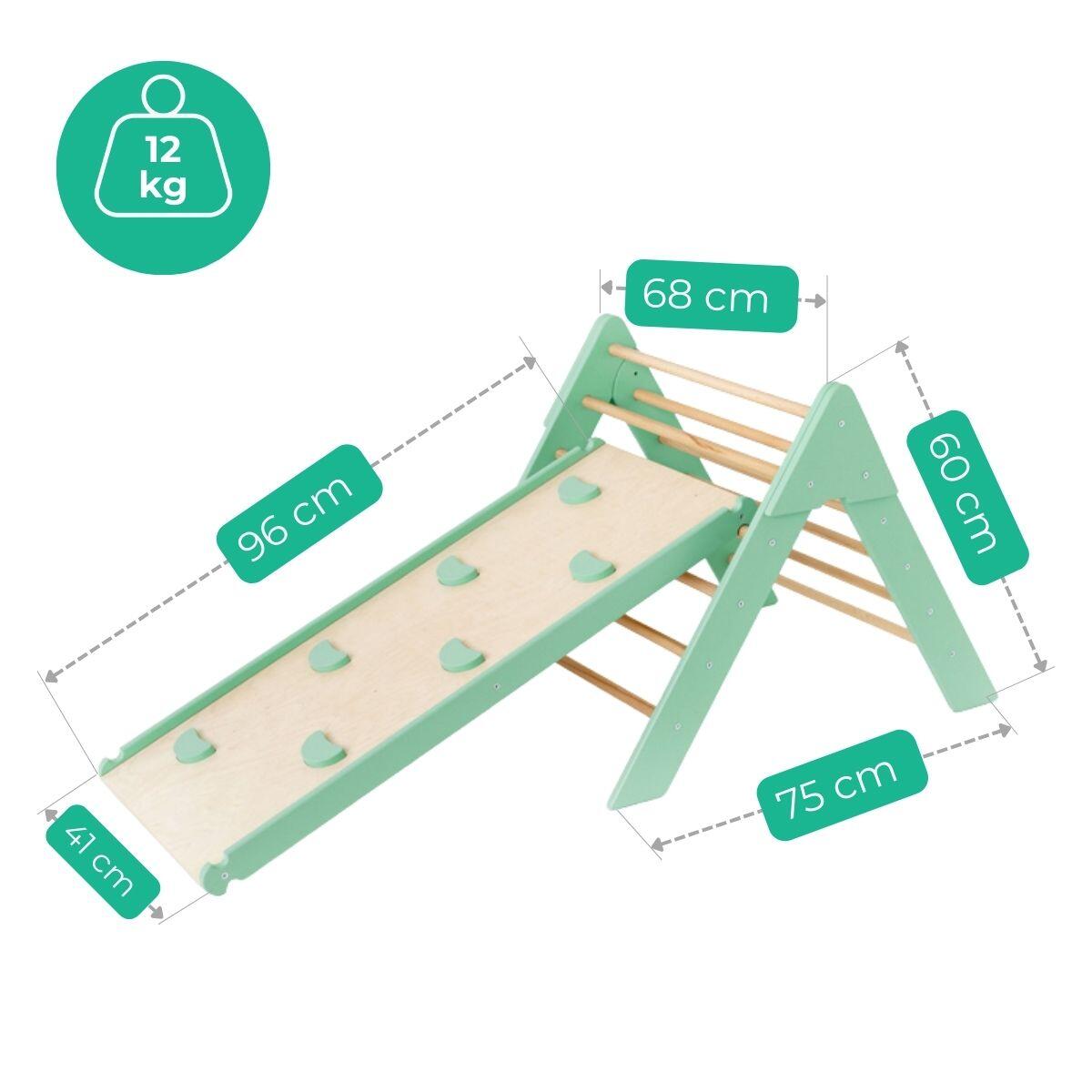 Houten indoor klimrek met klimdriehoek en dubbelzijdige glijbaan voor kinderen 4/7