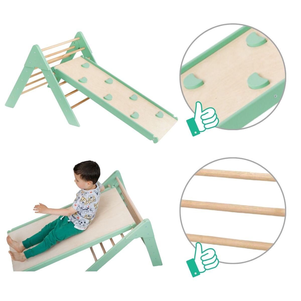 Houten indoor klimrek met klimdriehoek en dubbelzijdige glijbaan voor kinderen 6/7