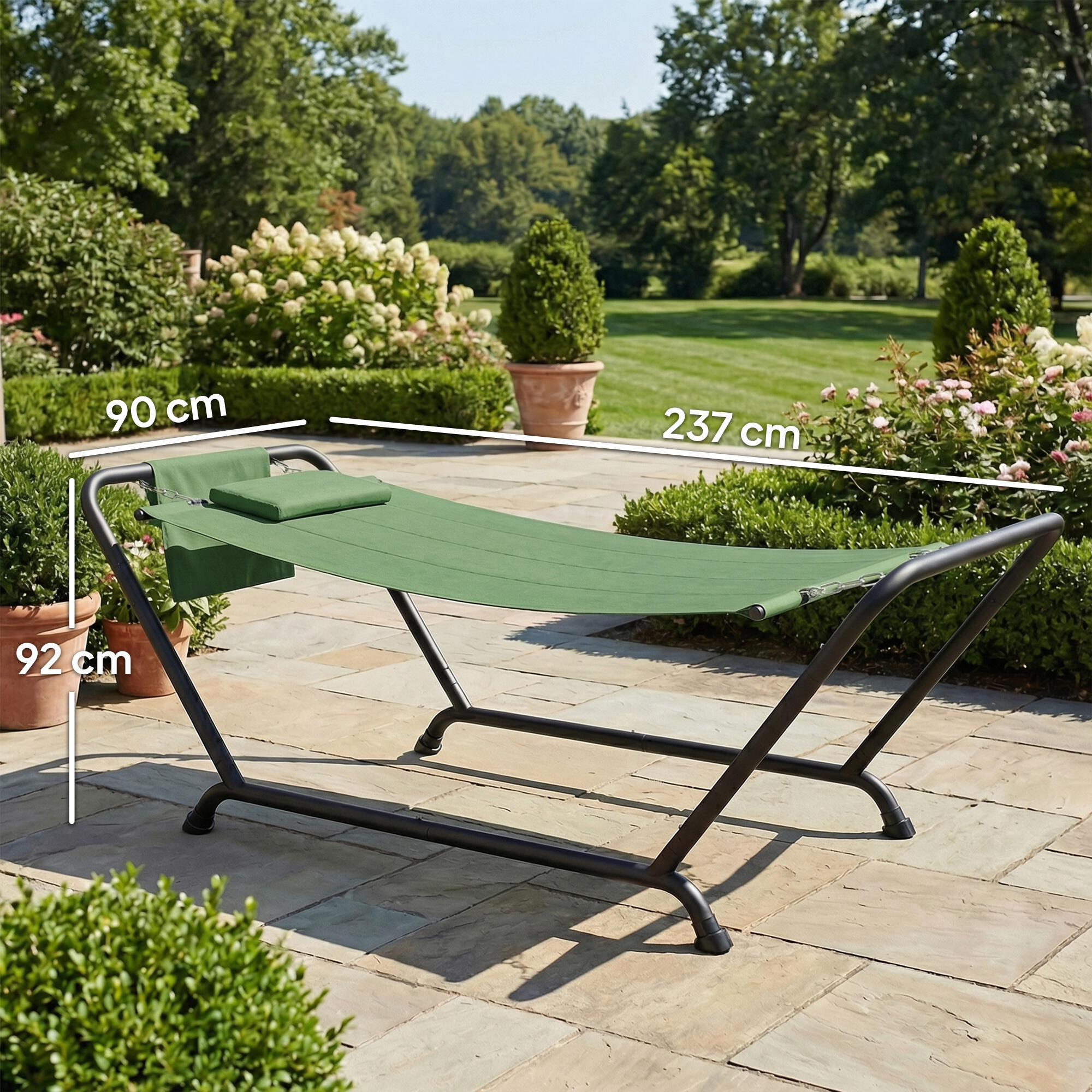 Outsunny Amaca da Esterno con Supporto, Tasca Laterale Poggiatesta Verde Scuro 3/7