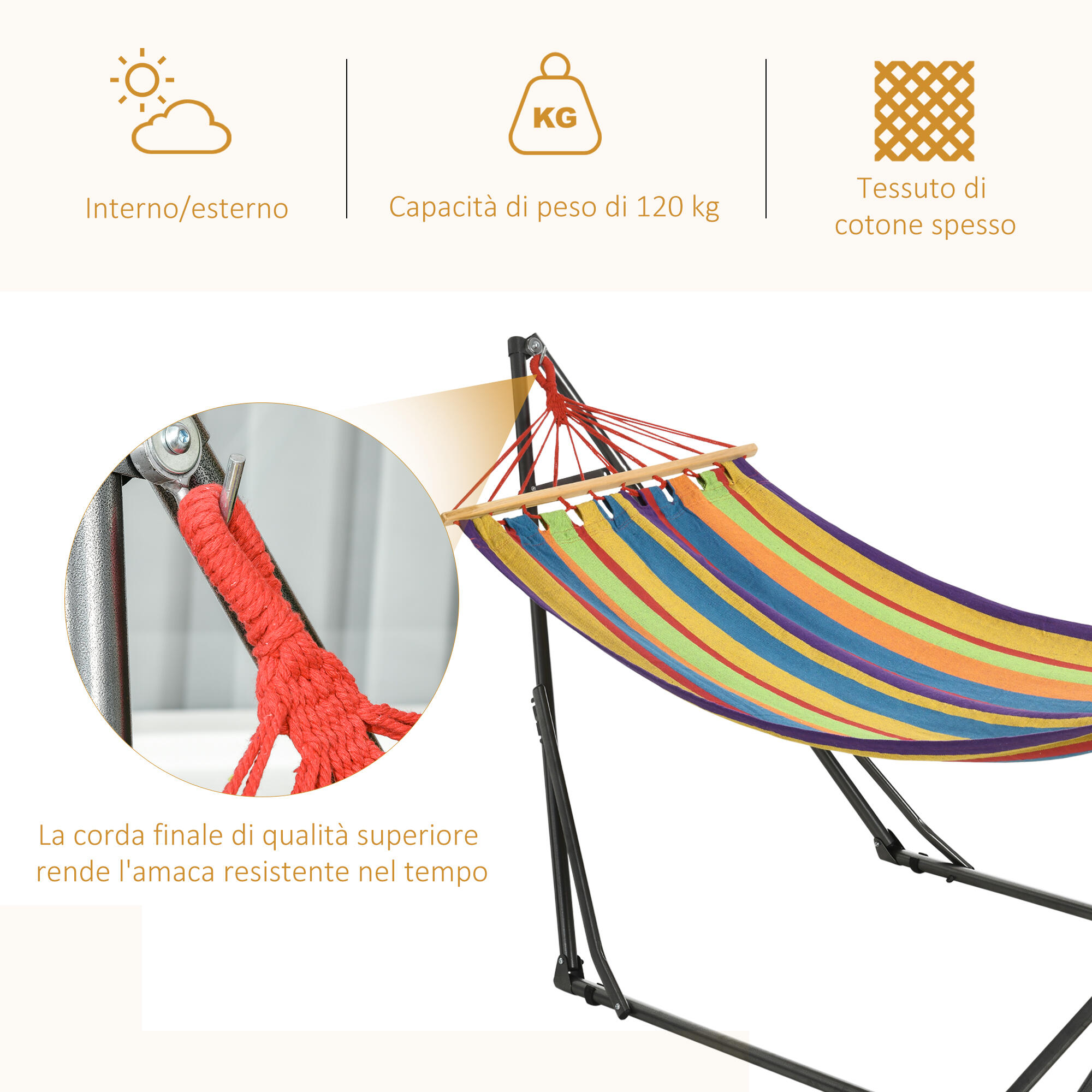 Outsunny Amaca Autoportante con Supporto Pieghevole Cotone e Acciaio Multicolore 7/7