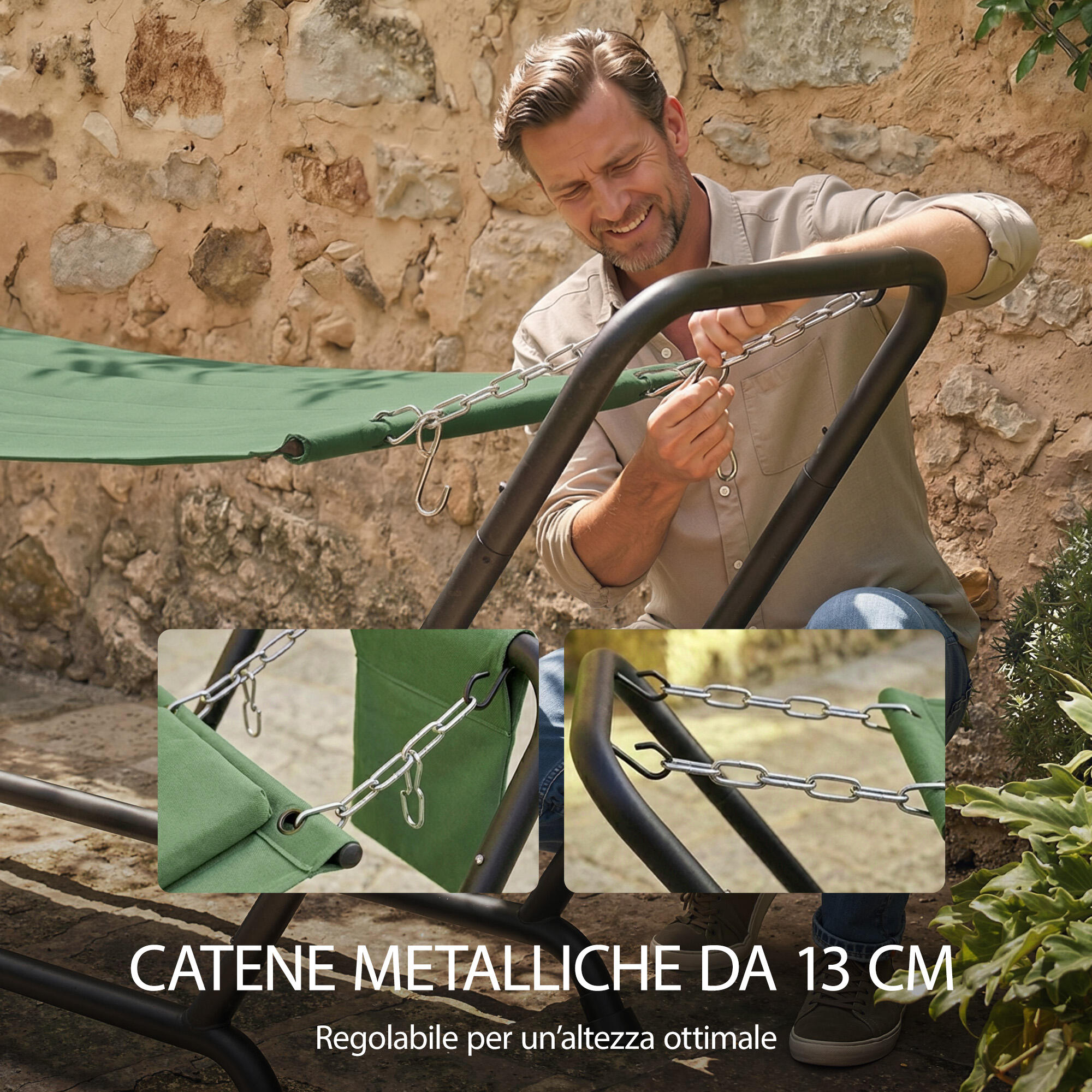 Outsunny Amaca da Esterno con Supporto, Tasca Laterale Poggiatesta Verde Scuro 7/7