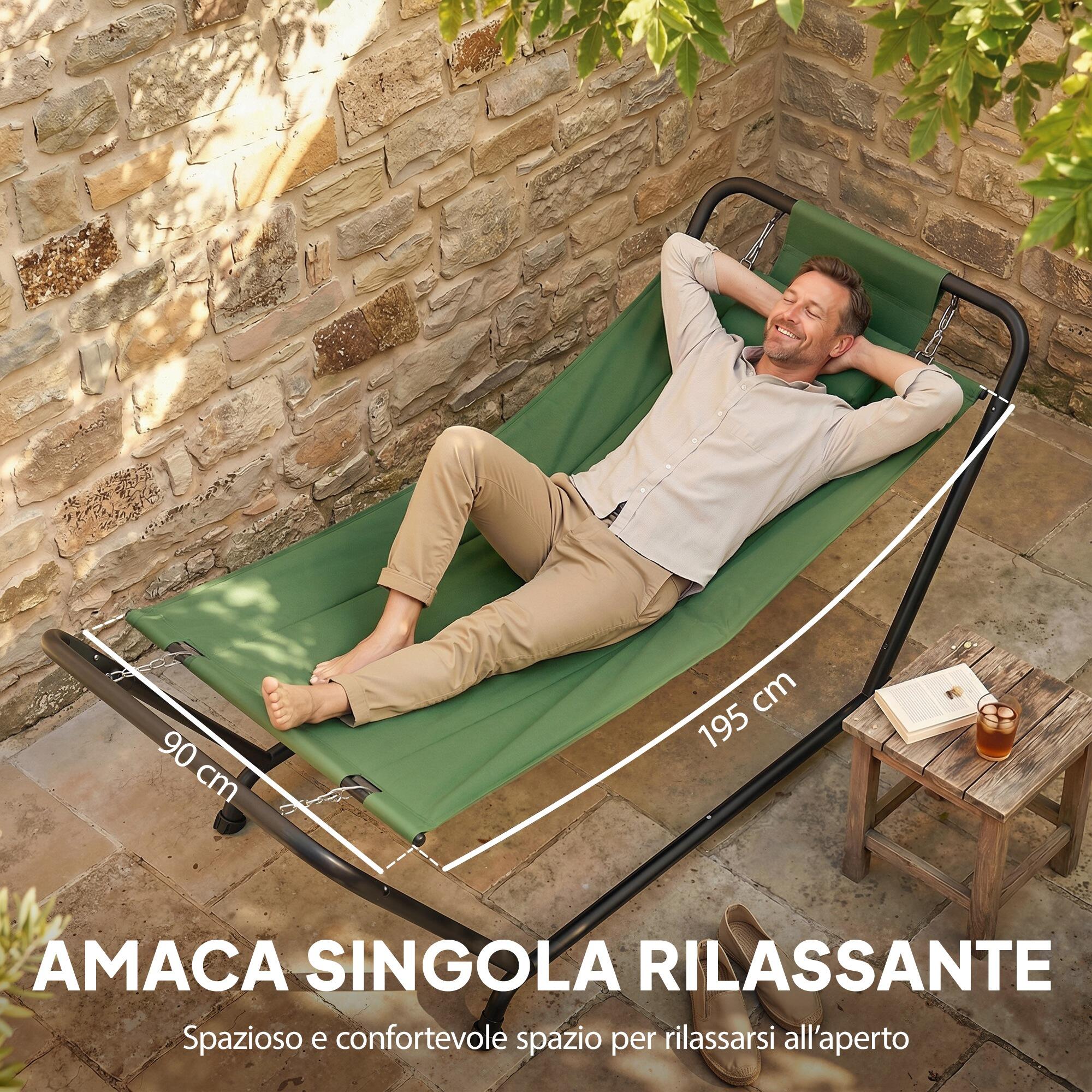 Outsunny Amaca da Esterno con Supporto, Tasca Laterale Poggiatesta Verde Scuro 4/7
