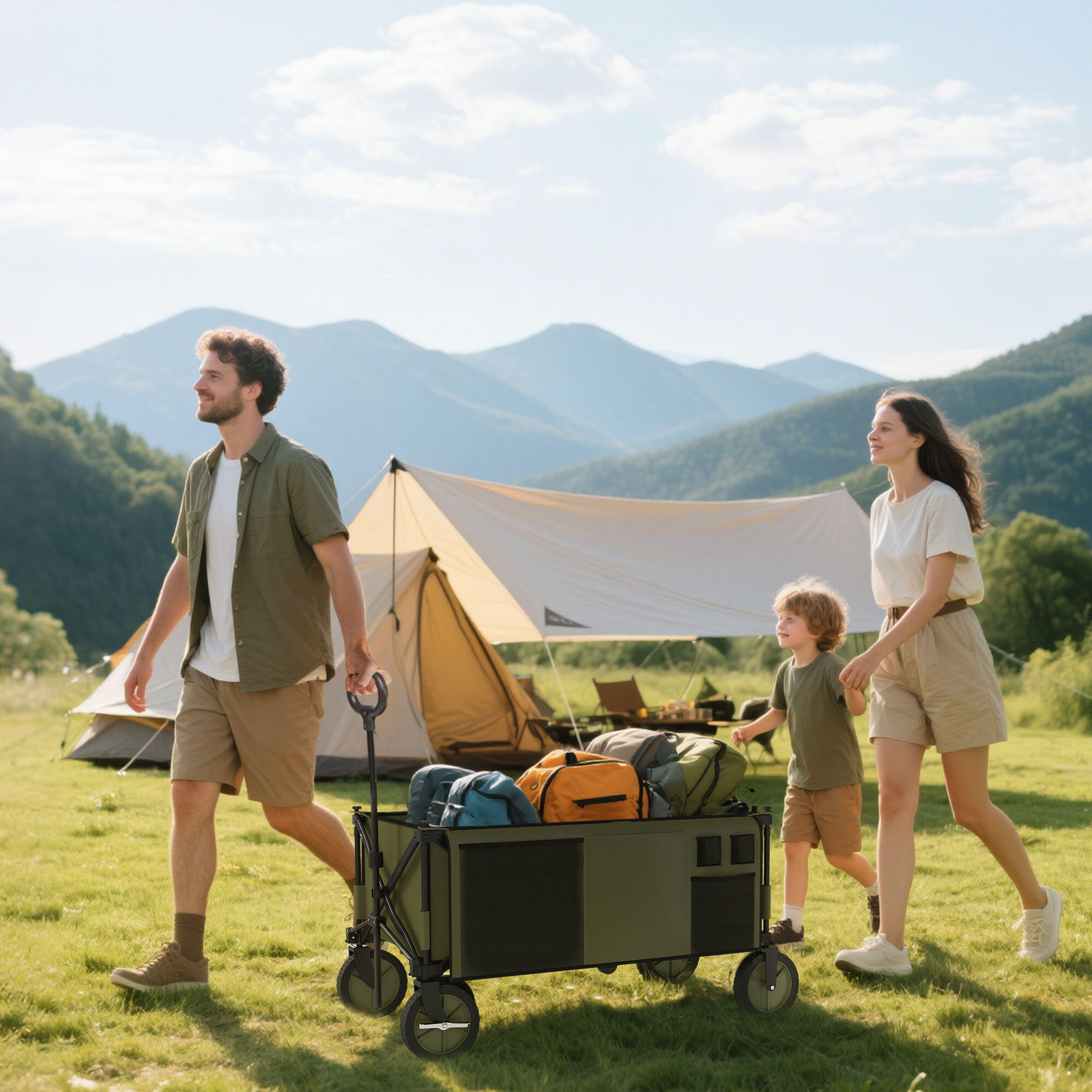 Outsunny Carrello da Esterno Pieghevole 125L con Maniglia e 5 Sacche Verde 2/7