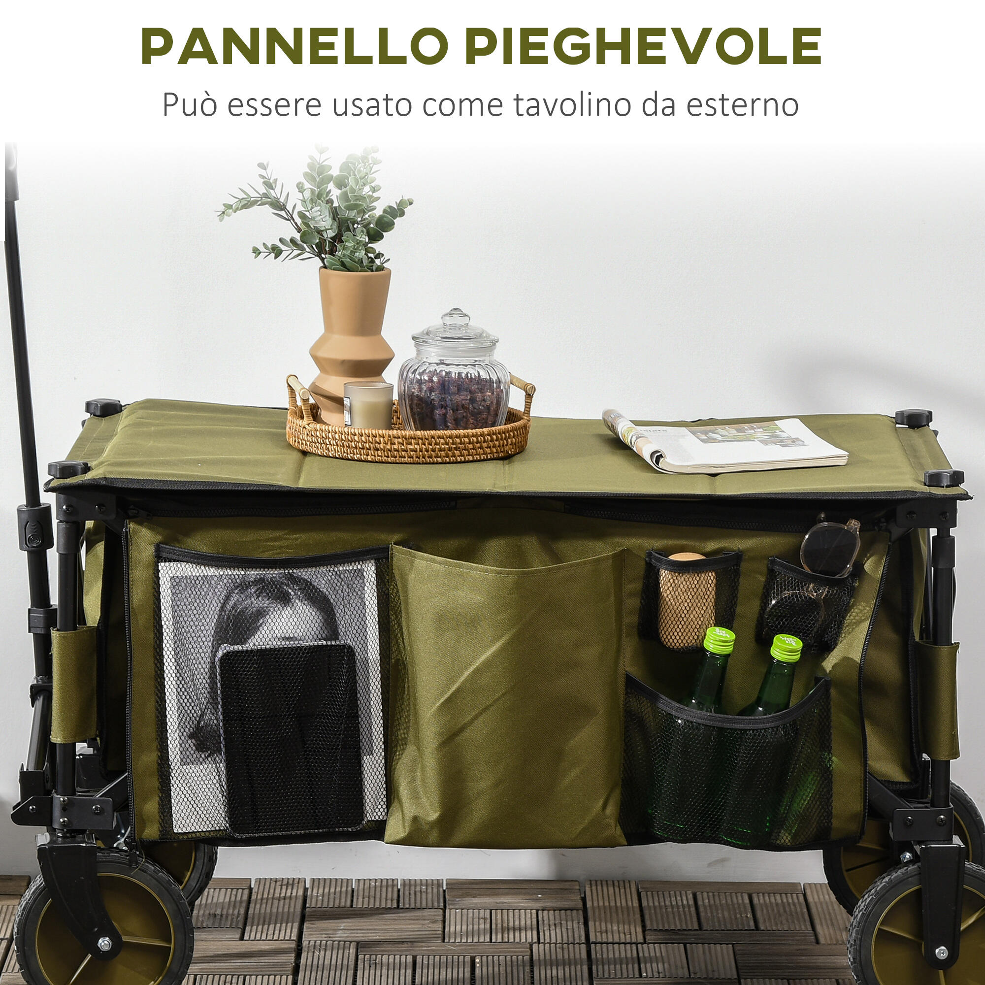 Outsunny Carrello da Esterno Pieghevole 125L con Maniglia e 5 Sacche Verde 7/7