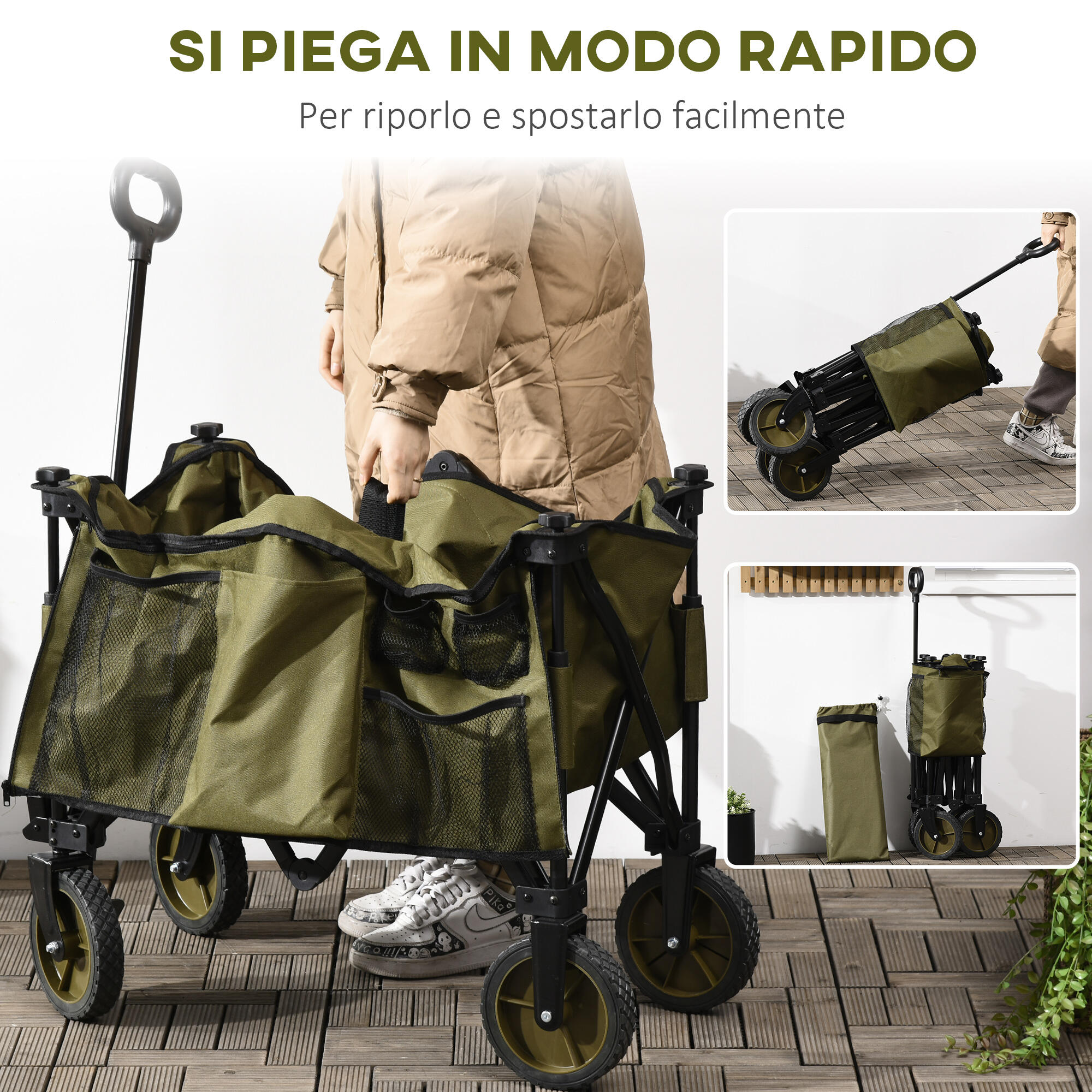 Outsunny Carrello da Esterno Pieghevole 125L con Maniglia e 5 Sacche Verde 5/7