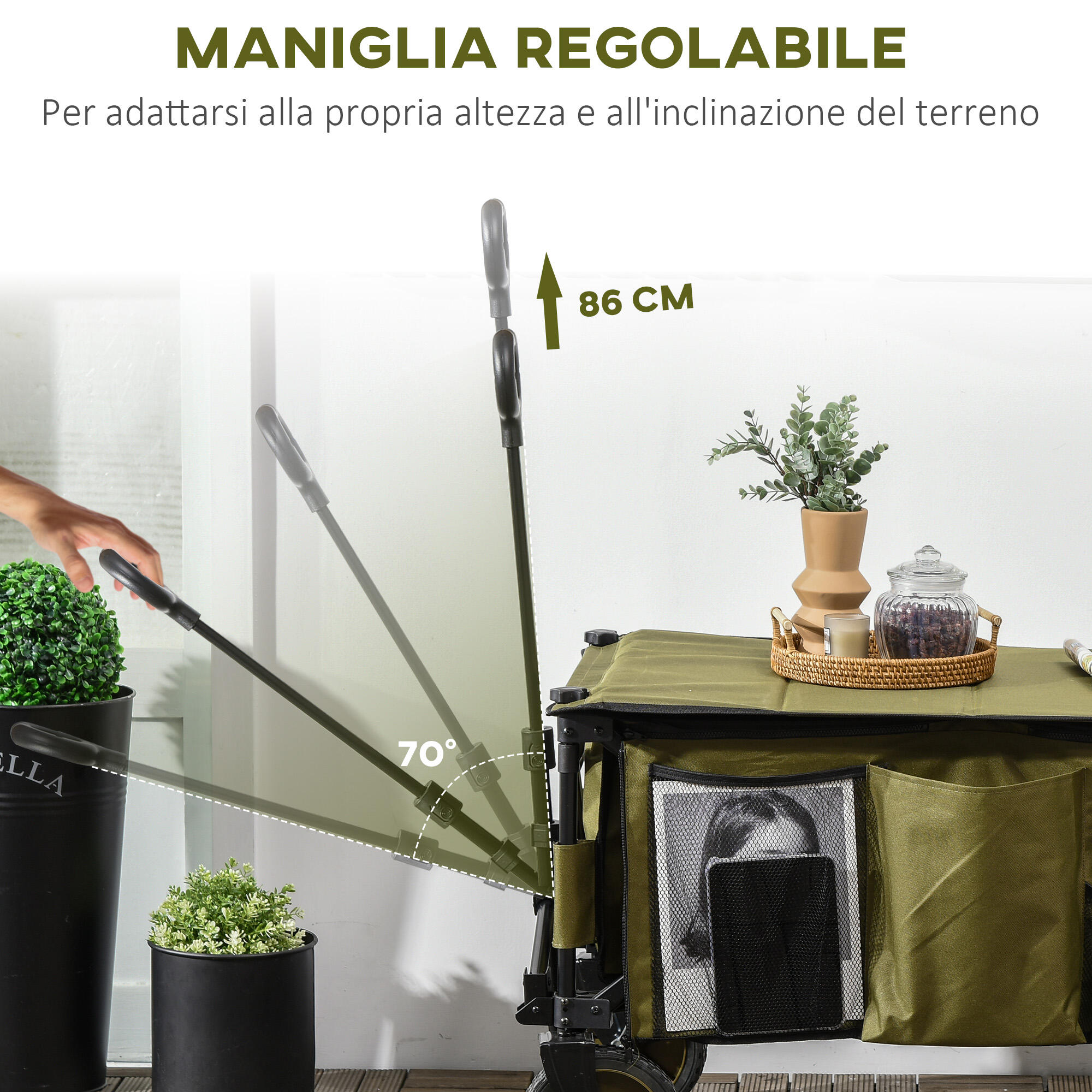 Outsunny Carrello da Esterno Pieghevole 125L con Maniglia e 5 Sacche Verde 4/7