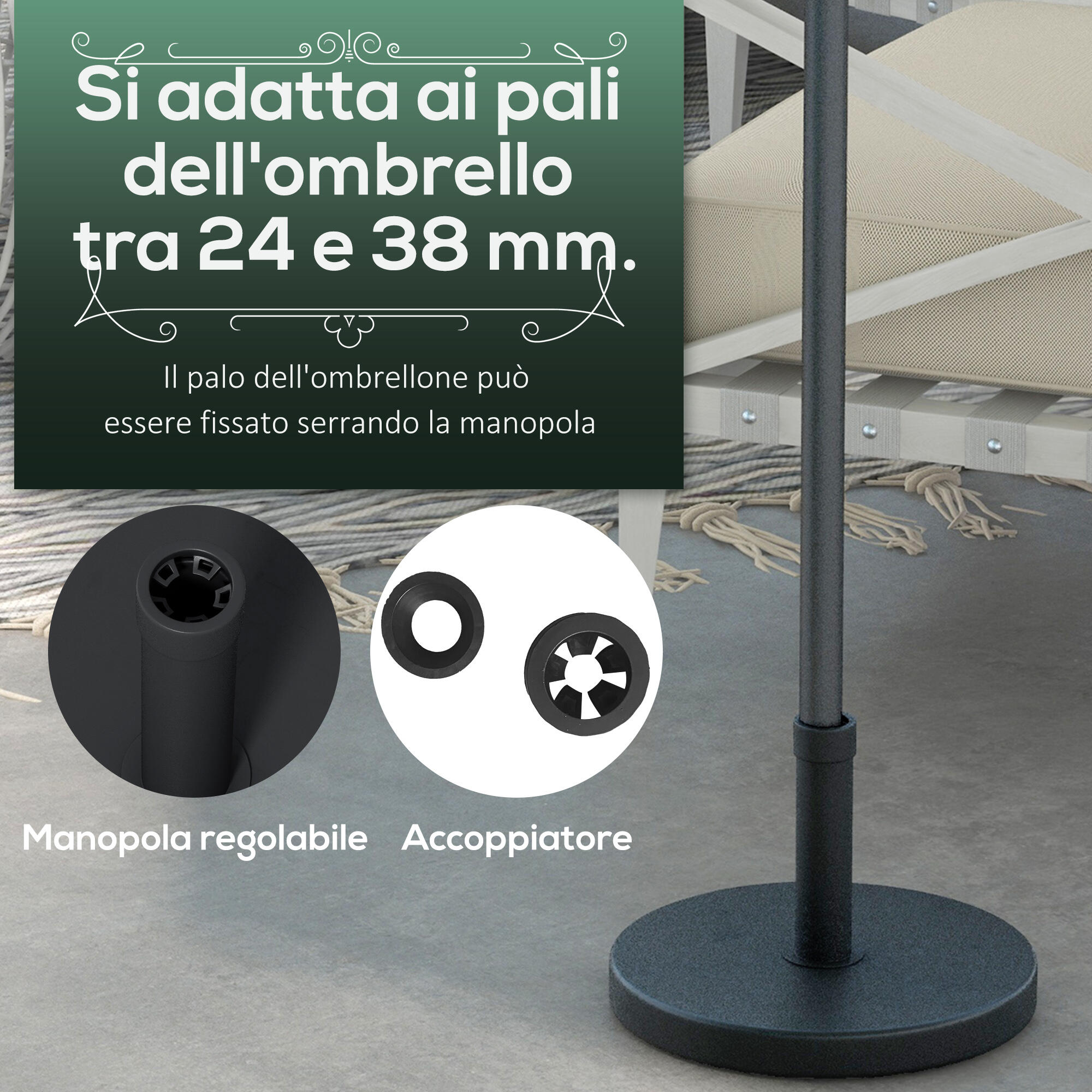 Outsunny Base per Ombrellone 15kg per Pali da Ø24-38mm in Plastica Ø46.5cm Nero 4/7