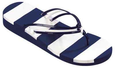 Beco dames flip-flops donkerblauw/wit met hak en gevlochten bandje