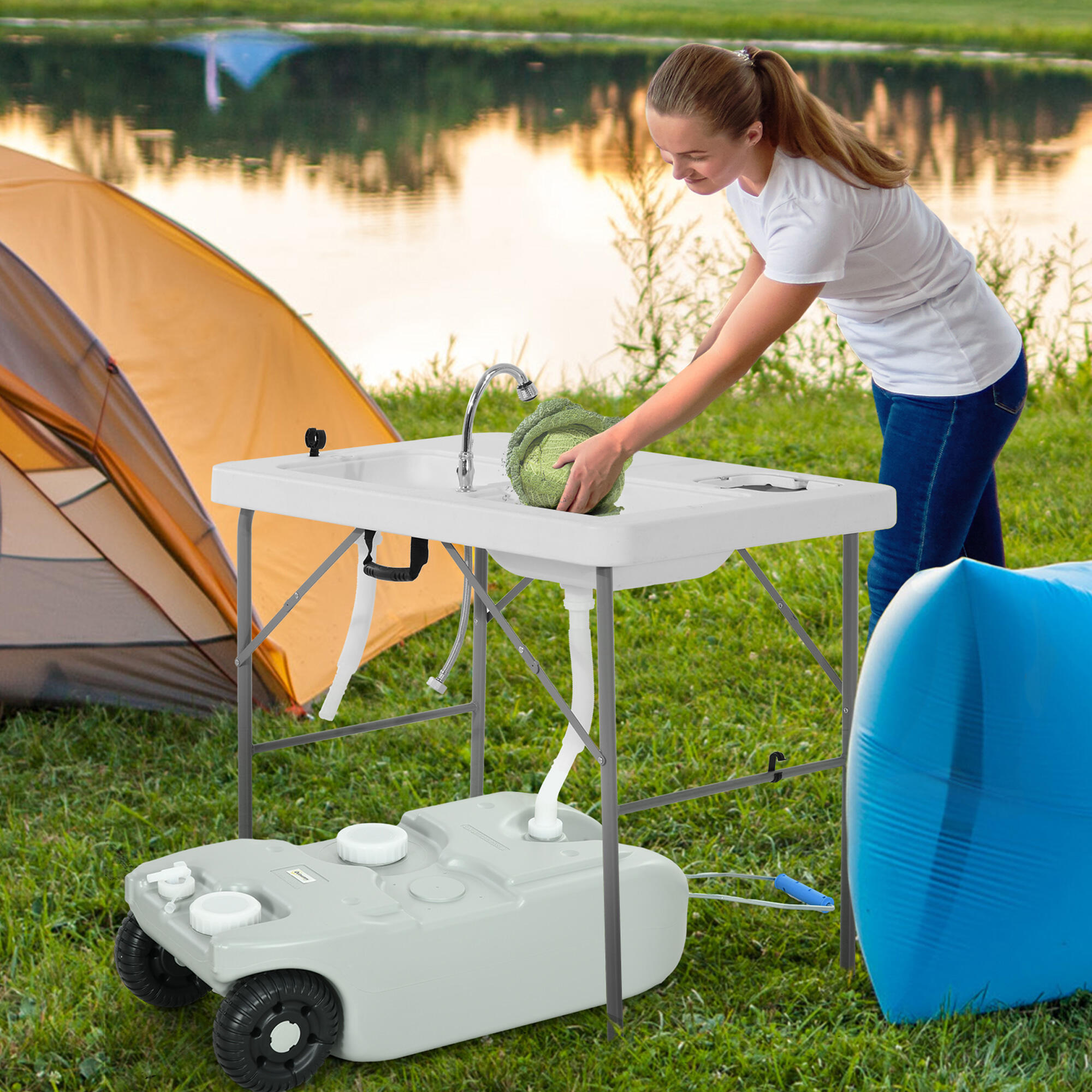 Outsunny Serbatoio per Acqua da Campeggio 40L Ruote e Maniglia Regolabile Grigio 2/7