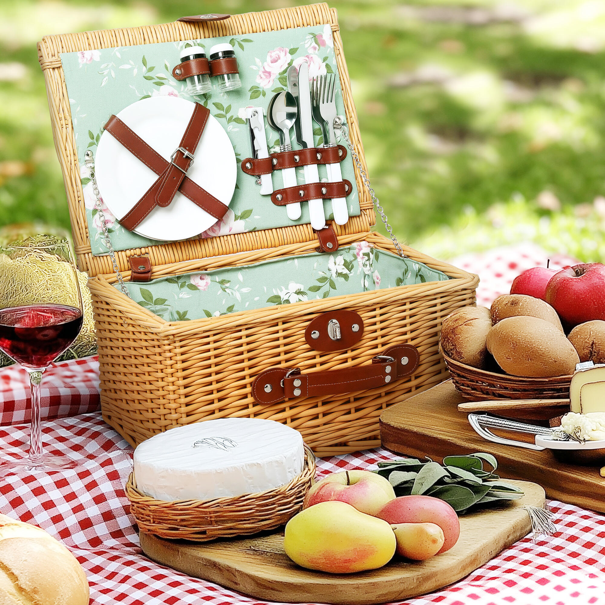 Outsunny Cestino da Picnic in Vimini per 2 Persone con Piatti, Calici e Posate 2/7