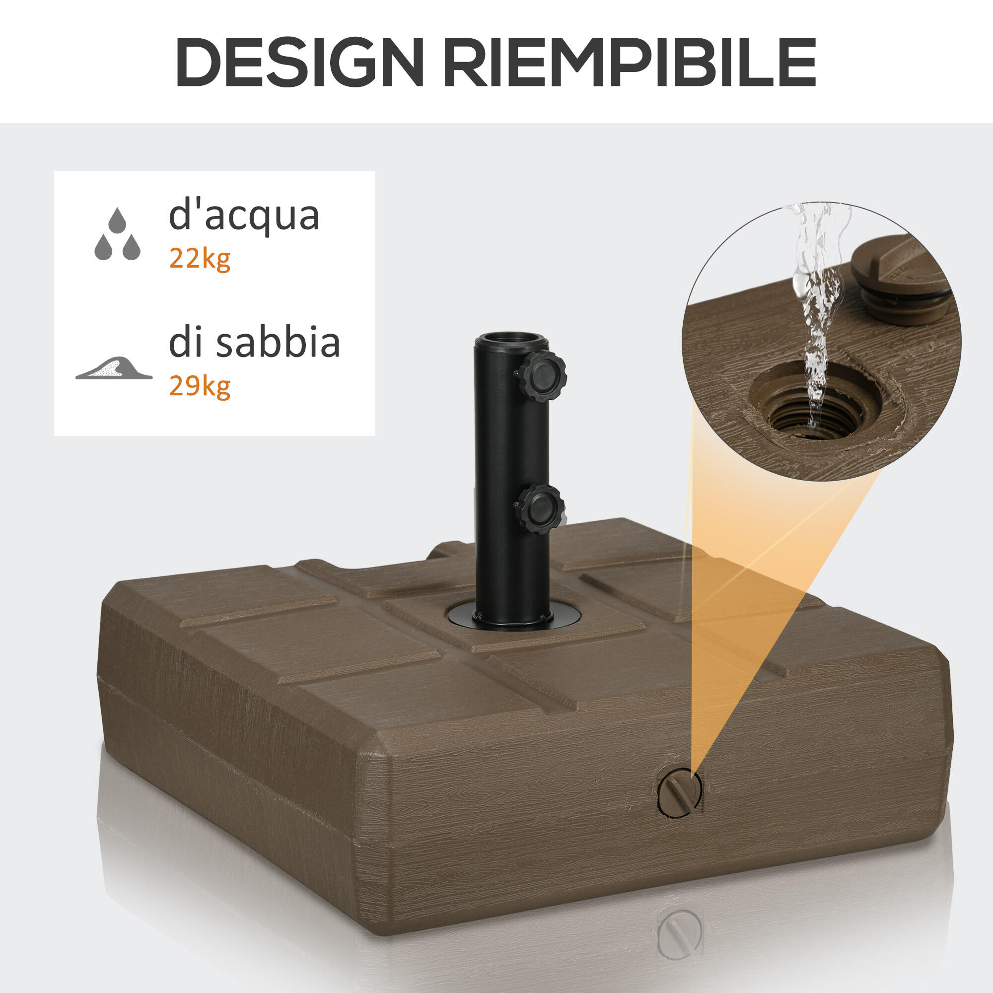 Outsunny Base Ombrellone da Esterno Riempibile in HDPE con Maniglia Marrone 5/7