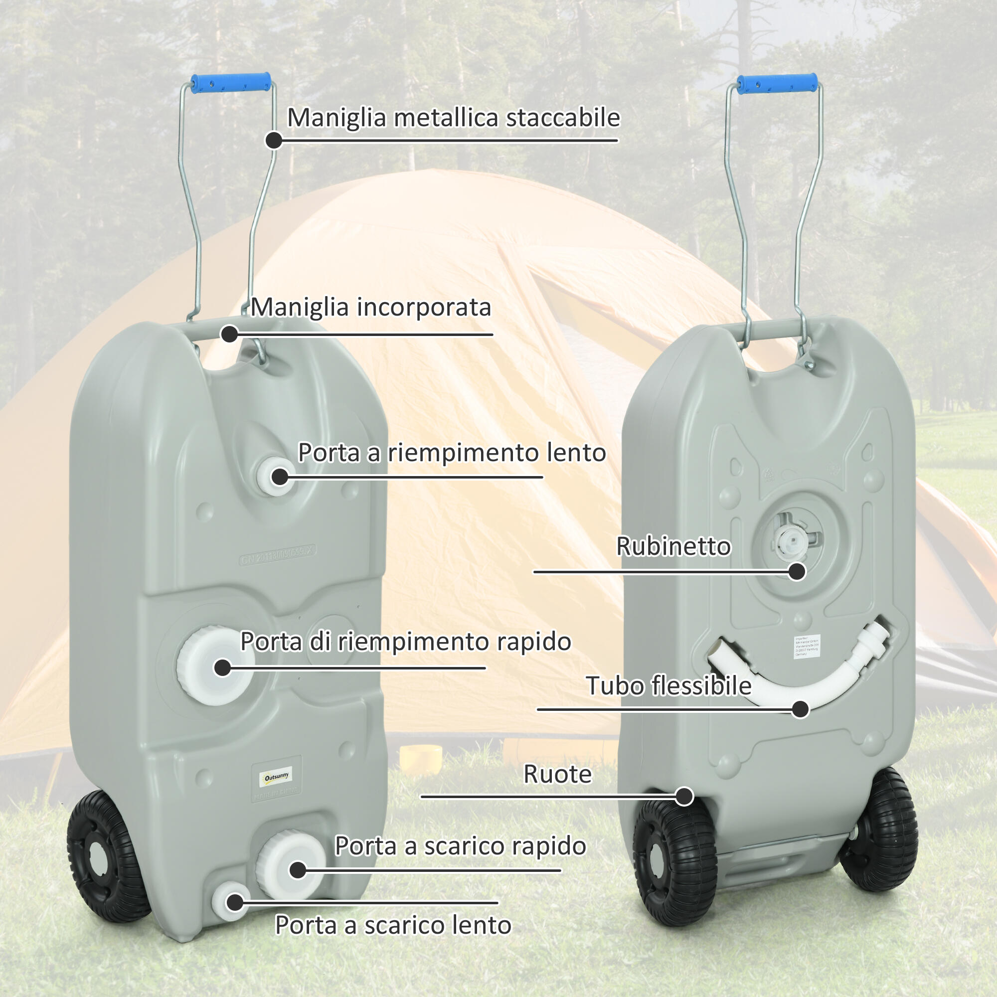 Outsunny Serbatoio per Acqua da Campeggio 40L Ruote e Maniglia Regolabile Grigio 4/7