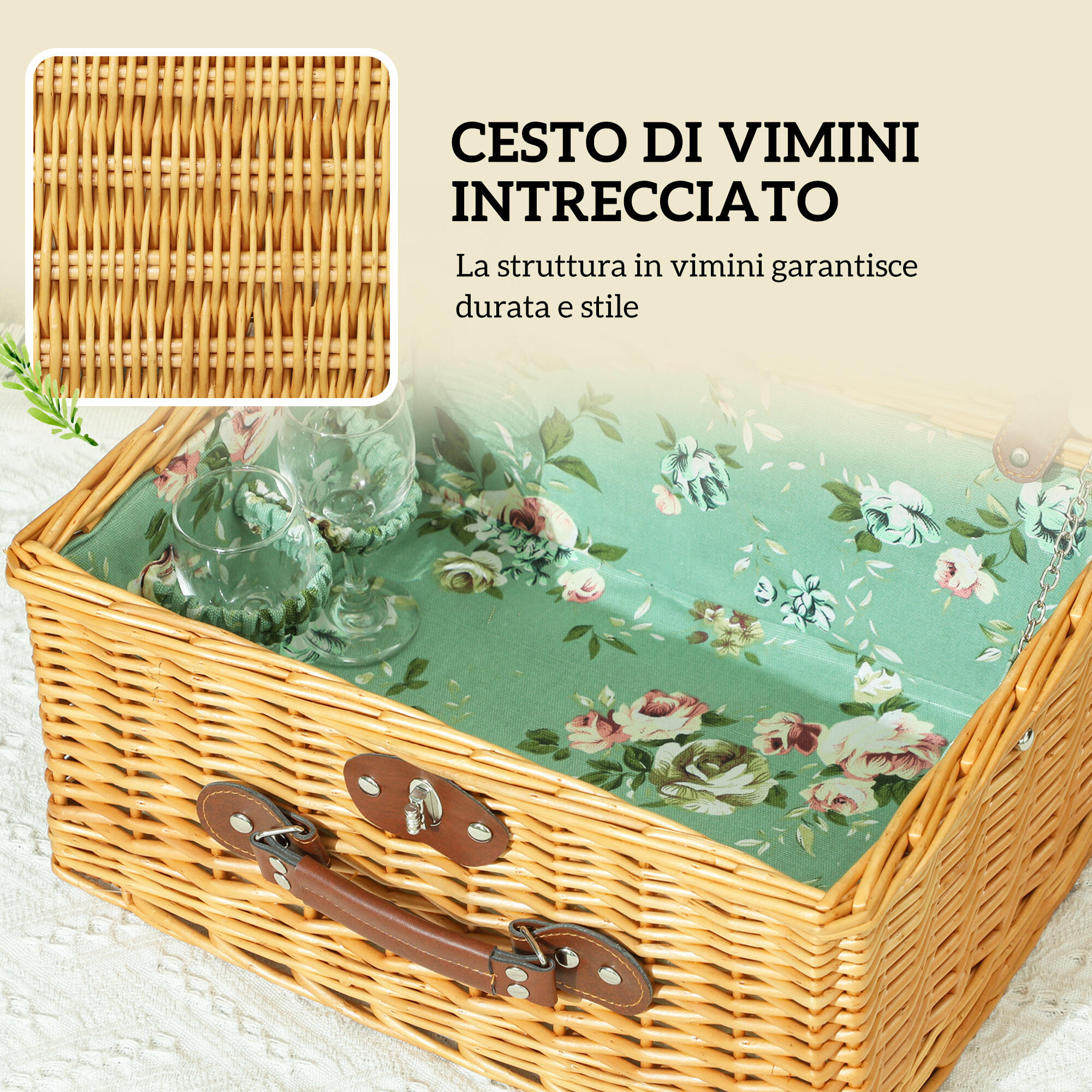 Outsunny Cestino da Picnic in Vimini per 2 Persone con Piatti, Calici e Posate 5/7