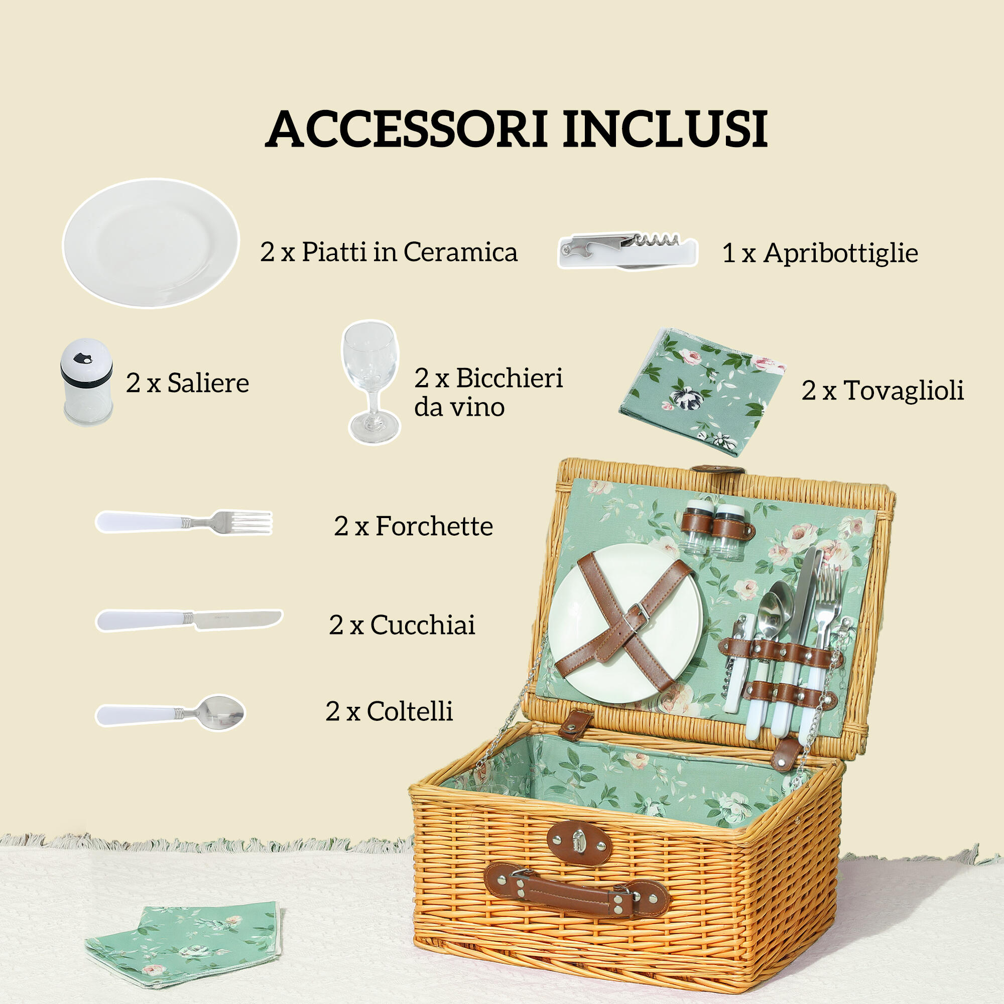 Outsunny Cestino da Picnic in Vimini per 2 Persone con Piatti, Calici e Posate 4/7